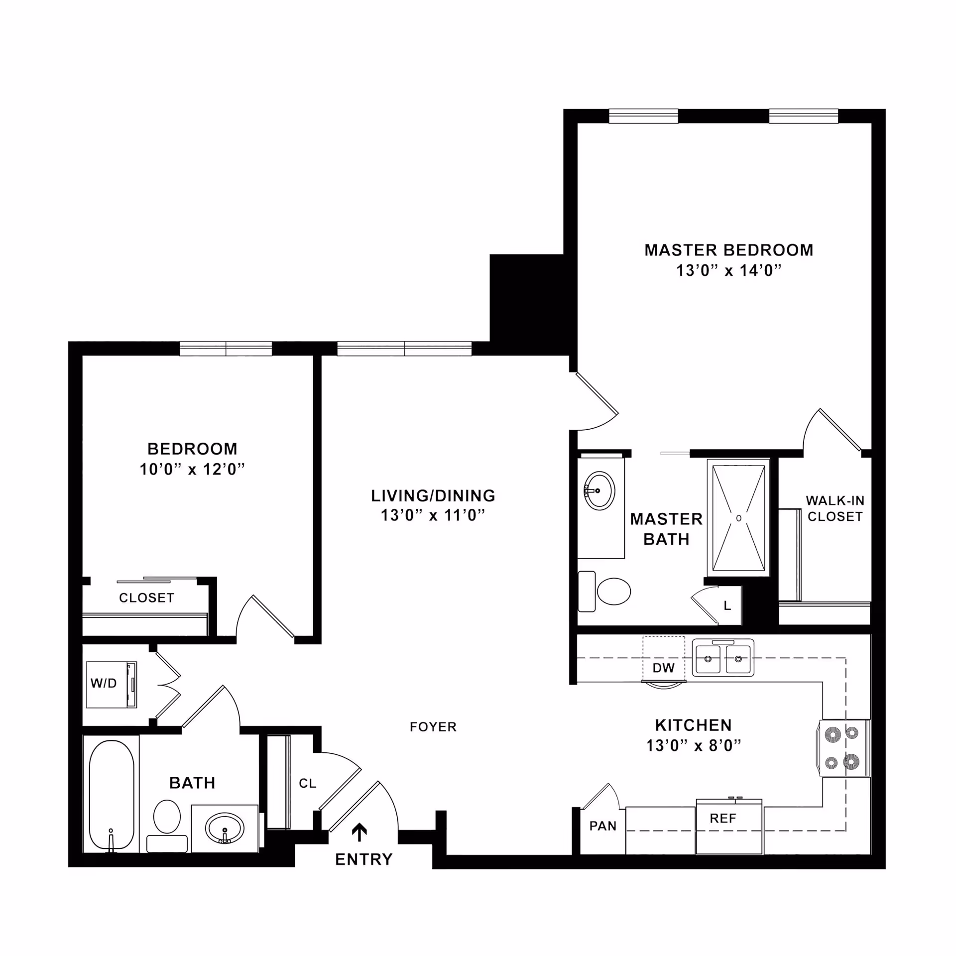 Floor plan of a residential unit at The Village at Gleannloch Farms showing a master bedroom with walk-in closet and master bath, a second bedroom with closet, a living/dining area, a kitchen with pantry, and a separate bath with washer/dryer area near the entry foyer.