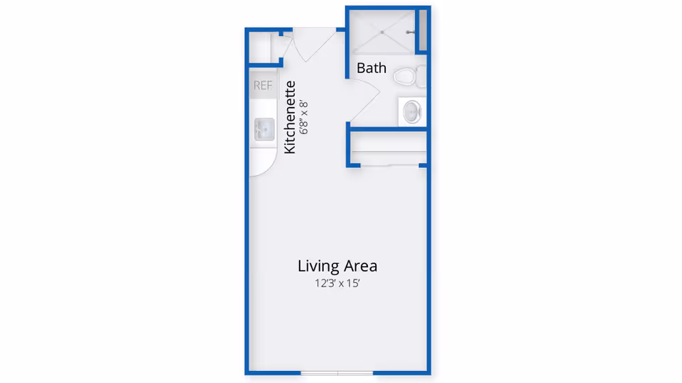 Floor plan of a living space at Capitol Ridge at Providence showing a kitchenette, living area, and bathroom. The kitchenette measures 6 feet 8 inches by 8 feet, the living area measures 12 feet 3 inches by 15 feet, and the bathroom includes a toilet, sink, and shower.