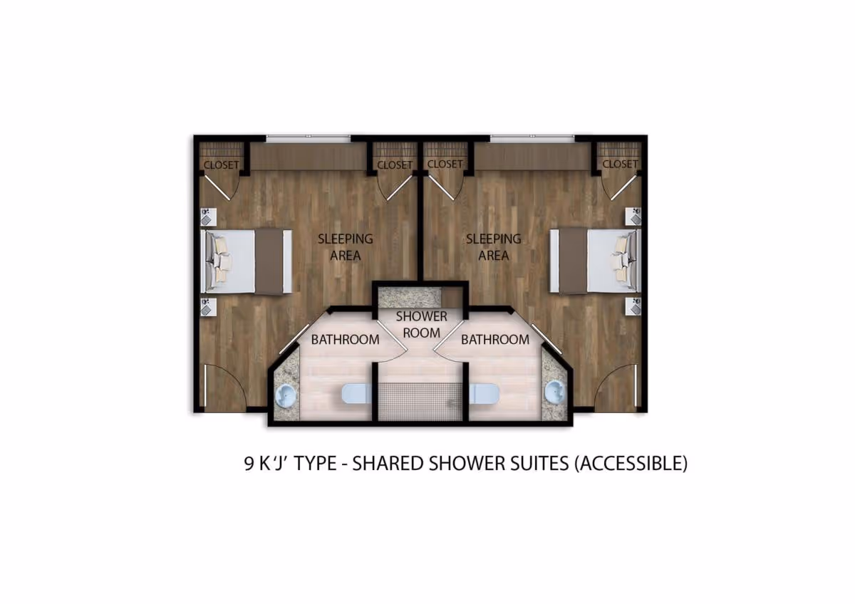 Floor plan of a shared shower suite with two sleeping areas, each with a bed and closet, two bathrooms, and a central shared shower room. The layout is labeled as 9 K 'J' Type - Shared Shower Suites (Accessible).