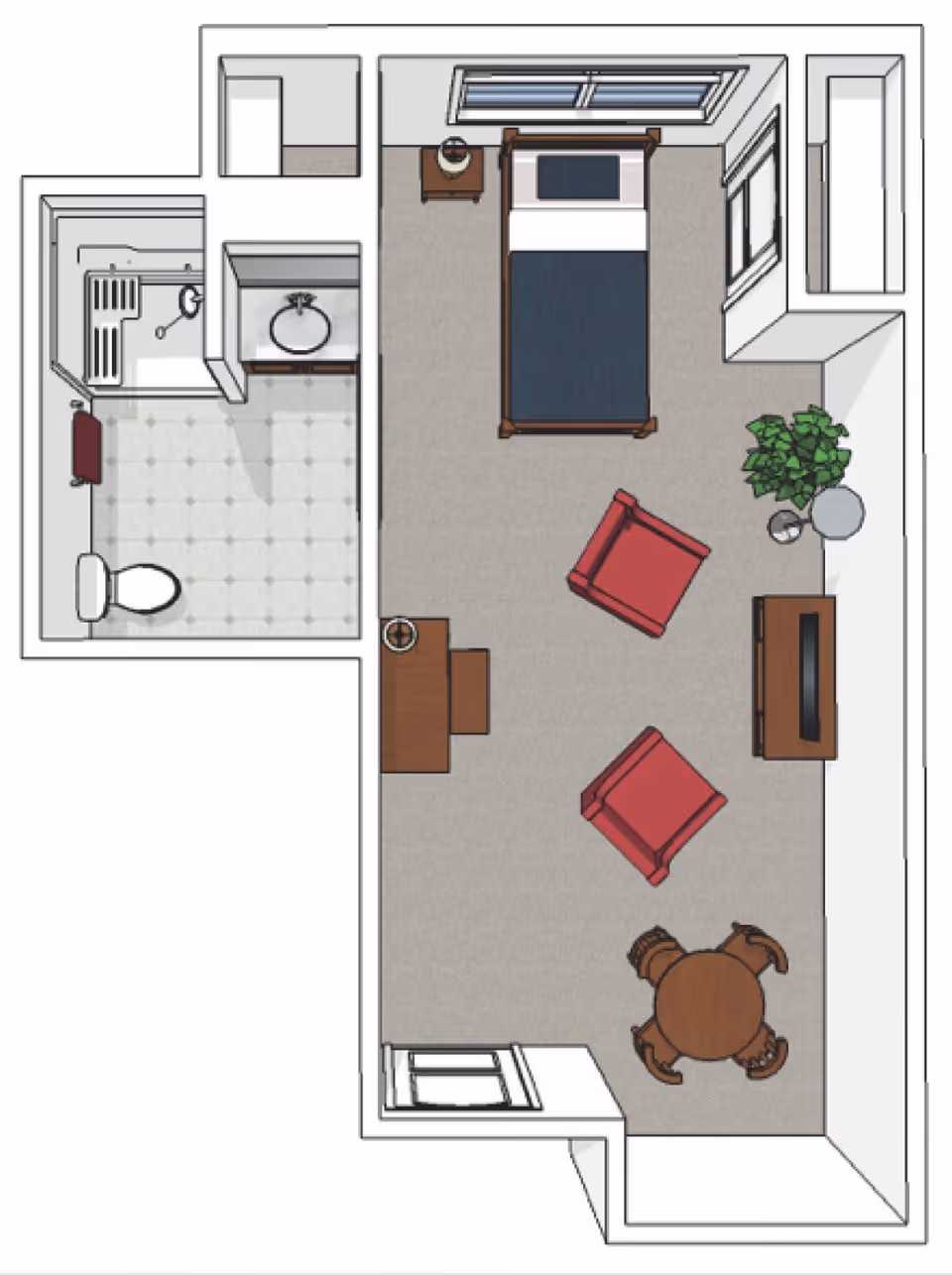 Floor plan of a senior living facility room at Cedarhurst of Yorkville showing a bedroom area with a bed, two red armchairs, a round table with four chairs, a TV on a stand, a desk, and a plant. The room also includes a bathroom with a toilet, sink, and shower.