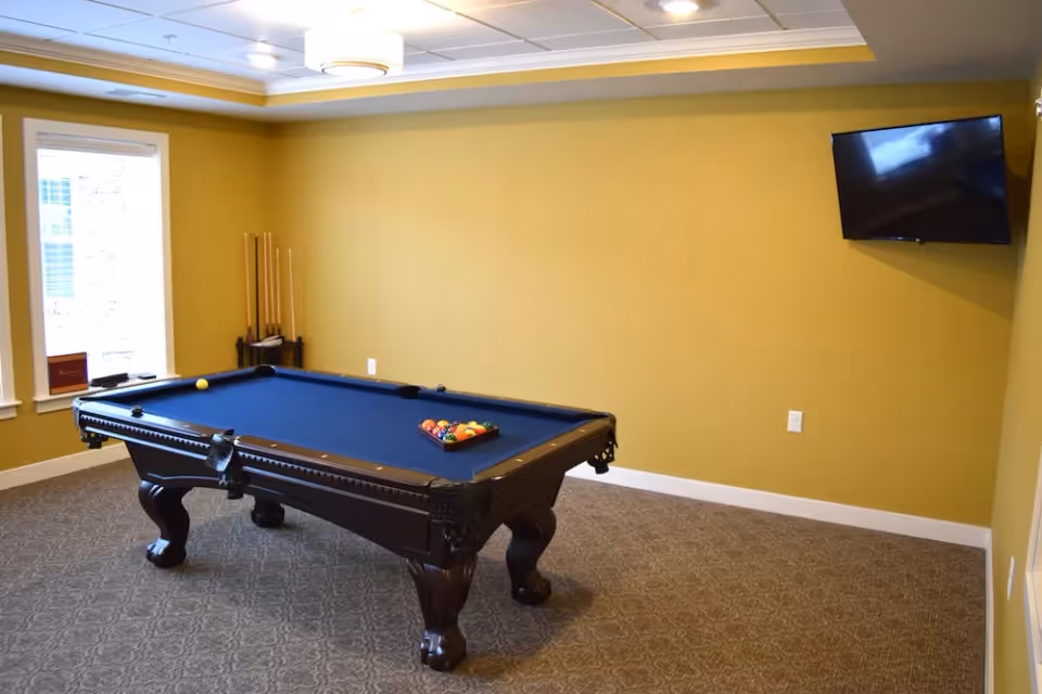 A room with a blue felt pool table set up for a game, with pool cues standing in a rack near a window. The walls are painted yellow, and a flat-screen TV is mounted on the wall. The floor is carpeted with a patterned design.