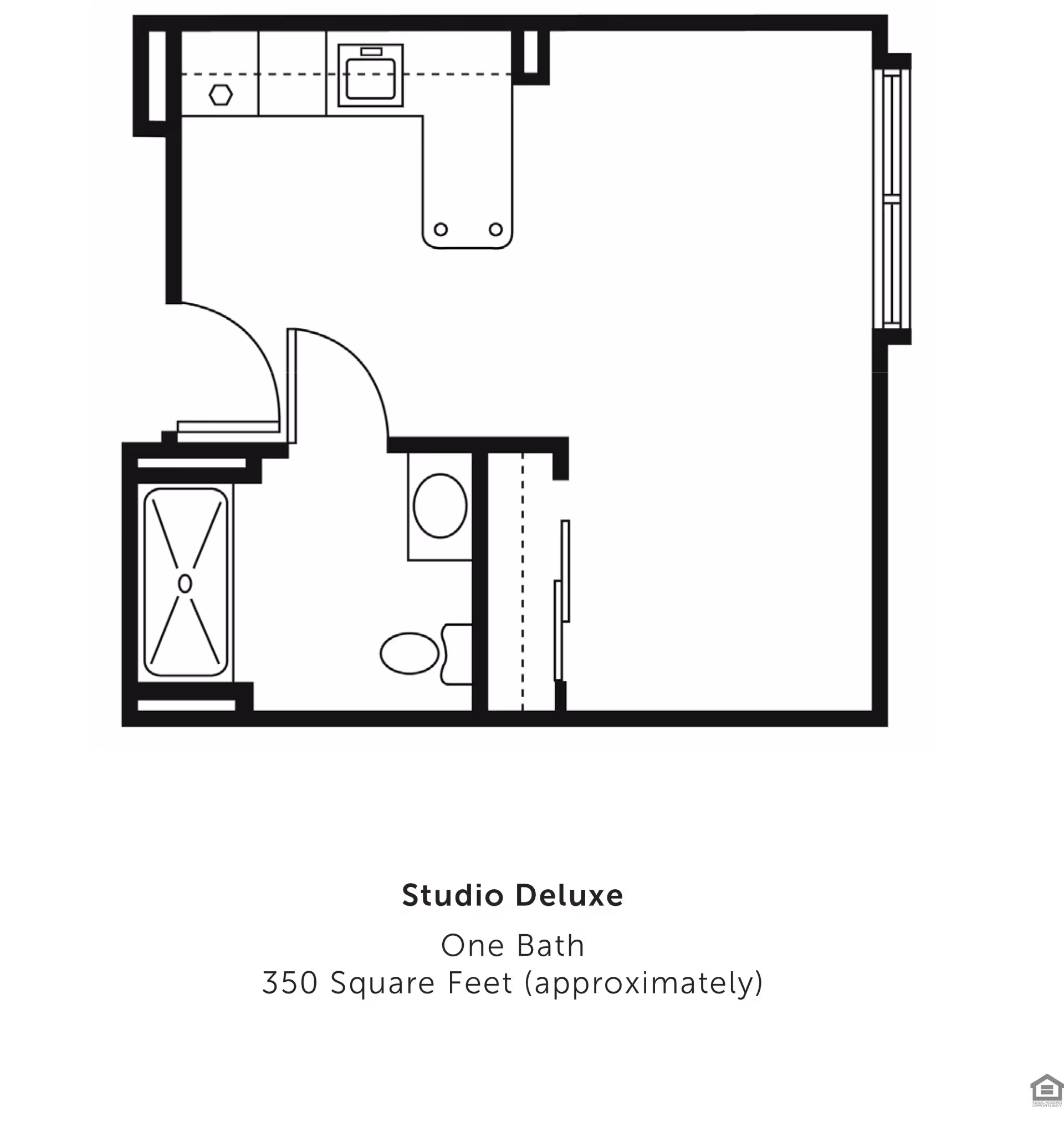 Floor plan of a Studio Deluxe apartment at Christina House, showing one bathroom and a total area of approximately 350 square feet. The layout includes a bathroom with a bathtub, toilet, and sink, a kitchenette area with a sink and counter space, and an open living/sleeping area.