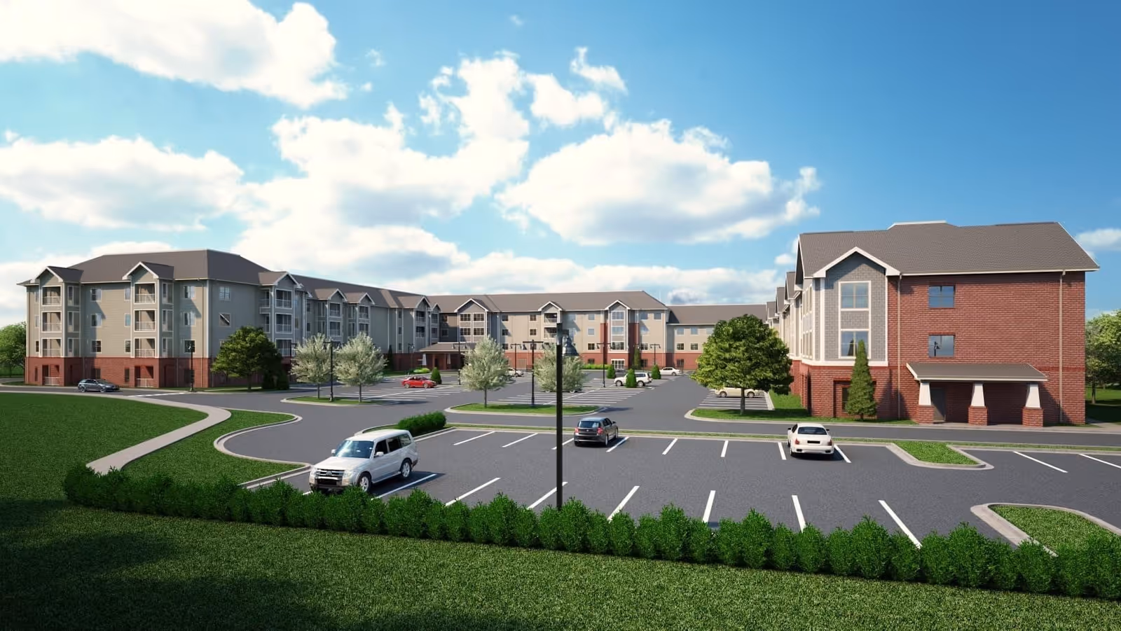 Exterior view of a multi-story senior living complex with a parking lot, landscaped lawns, and blue sky.