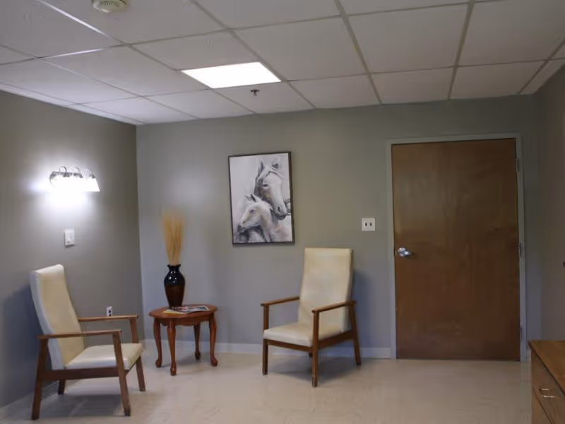 Small interior waiting area with two armchairs, a side table with a vase, and a painting on a gray wall.