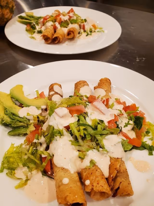 Two white plates each with three rolled taquitos topped with shredded lettuce, diced tomatoes, and a creamy white sauce, served with slices of avocado on the side.