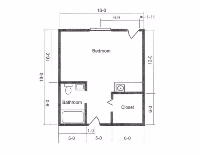 Architectural floor plan of a living space showing a bedroom, bathroom, and closet with dimensions labeled in feet and inches.