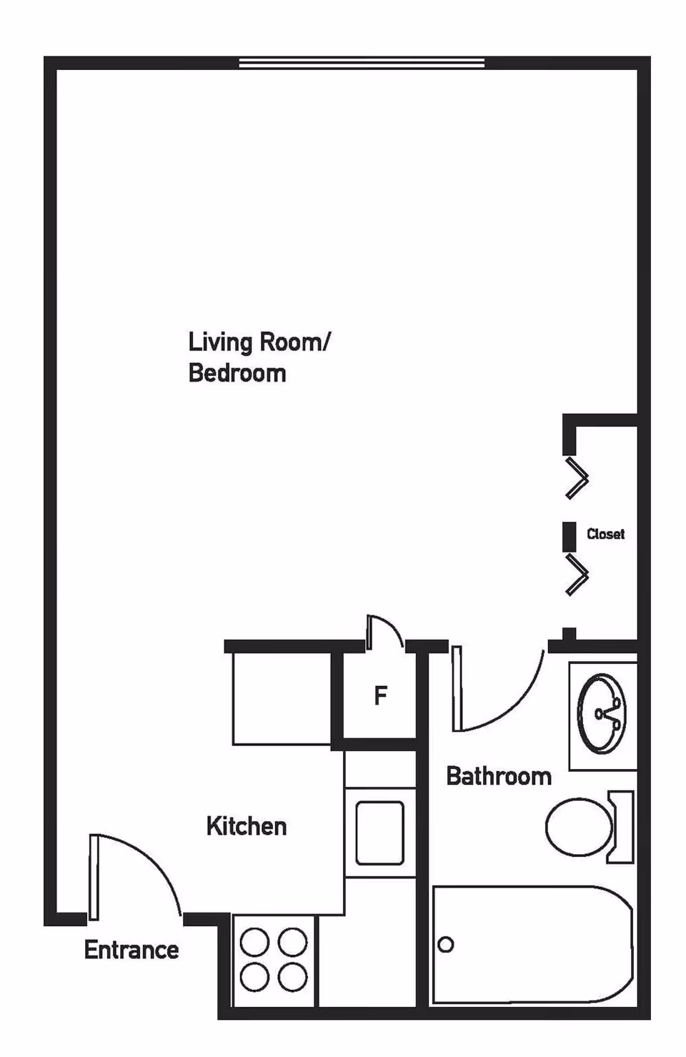 Floor plan of a studio apartment at Brookstone Estates of Mattoon North showing an entrance leading into a kitchen area, a combined living room and bedroom space, a bathroom with a bathtub, toilet, and sink, and a closet near the bathroom.