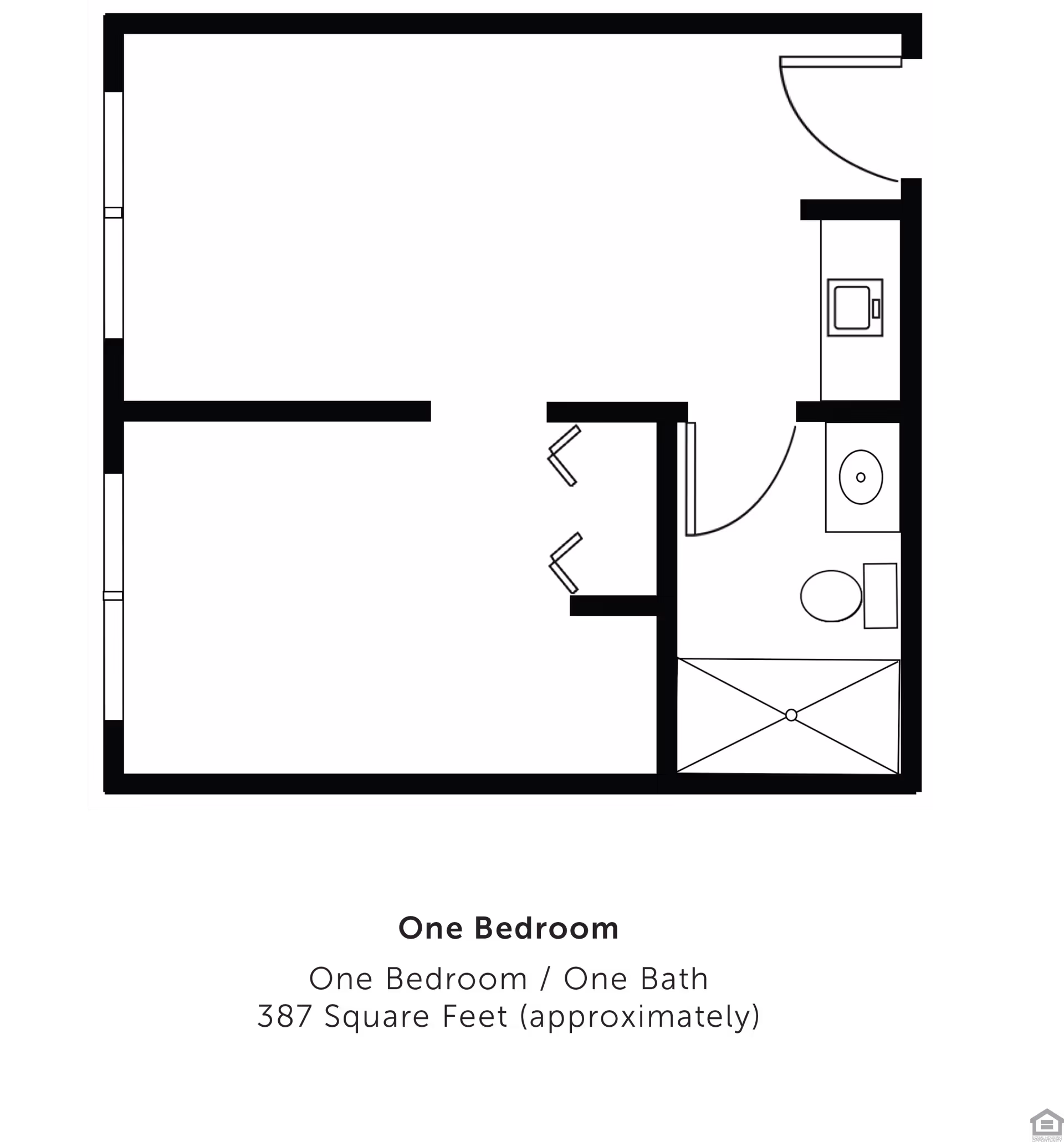 Black-and-white floor plan diagram of a one-bedroom, one-bath apartment layout.