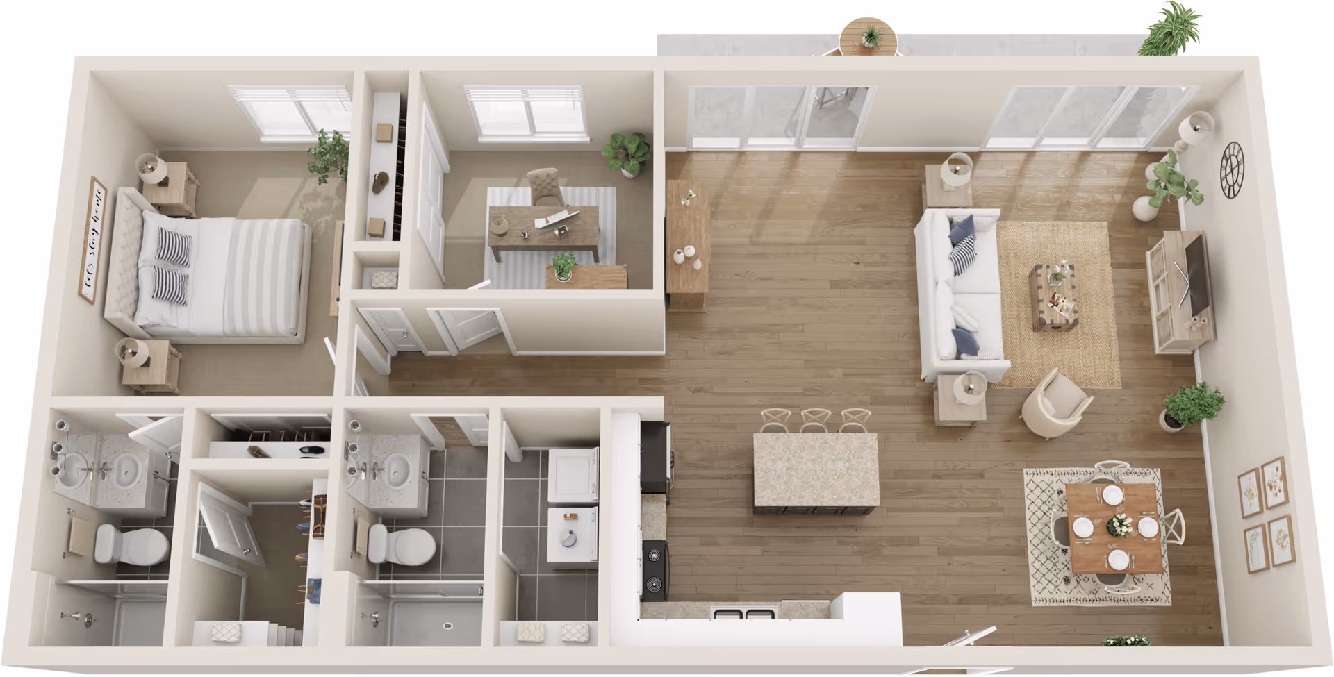 Top-down view of a one-bedroom apartment floor plan featuring a bedroom with a bed and nightstands, two bathrooms with toilets and showers, a small office with a desk and chair, a kitchen with an island and bar stools, a dining area with a table and chairs, and a living room with a sofa, armchair, coffee table, TV, and plants.