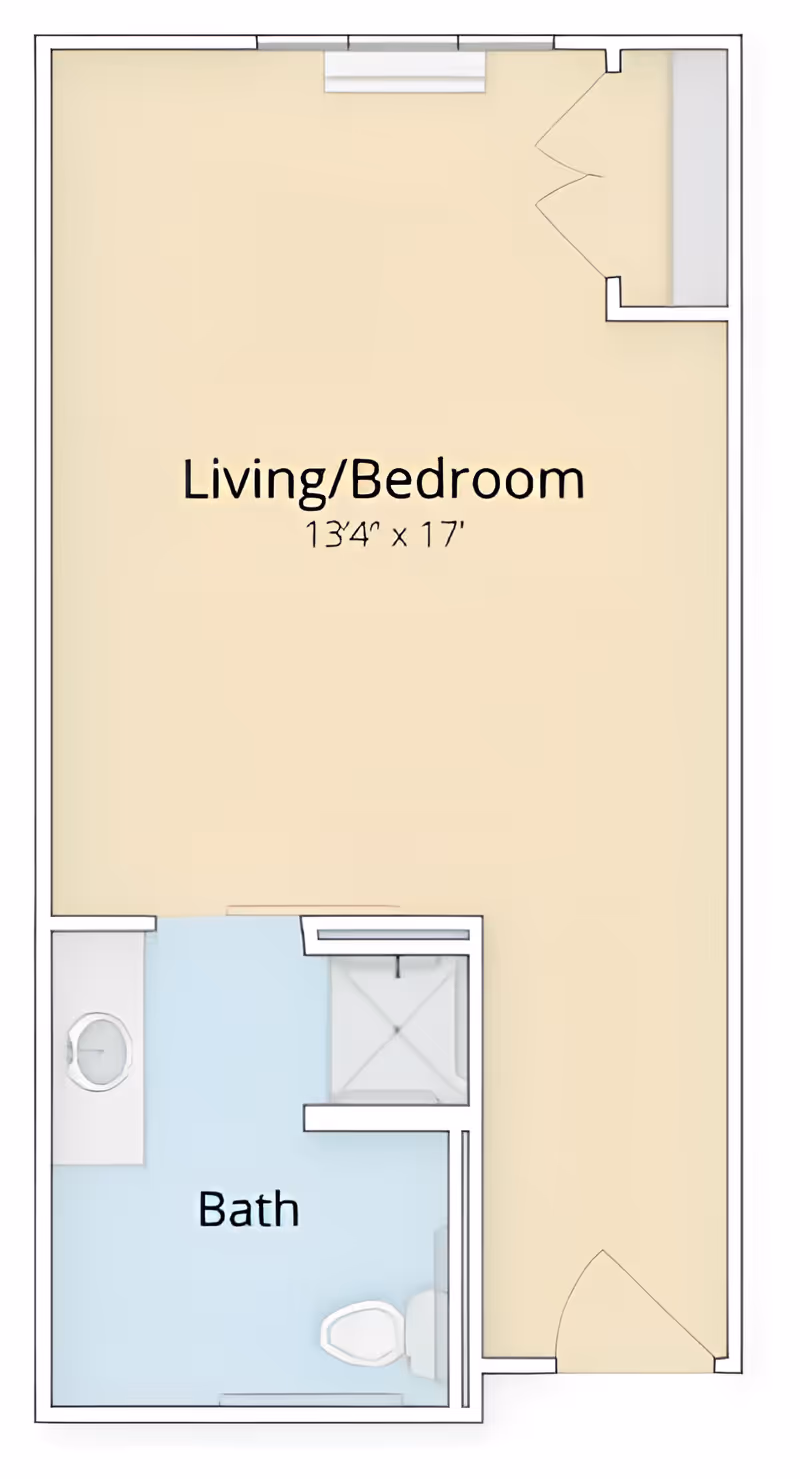 Floor plan layout showing a combined living and bedroom area measuring 13 feet 4 inches by 17 feet, with an adjacent bathroom that includes a toilet, sink, and shower.