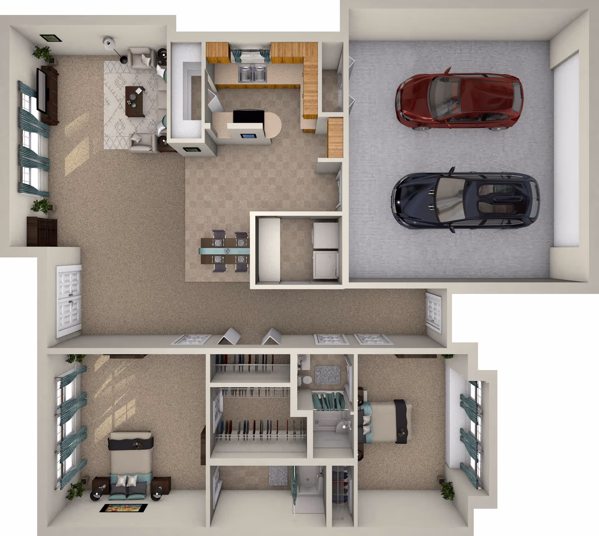 Top-down view of a residential floor plan showing a living room with seating and TV, a kitchen with dining area, a two-car garage with two cars, two bedrooms with beds and nightstands, two bathrooms, and closets.