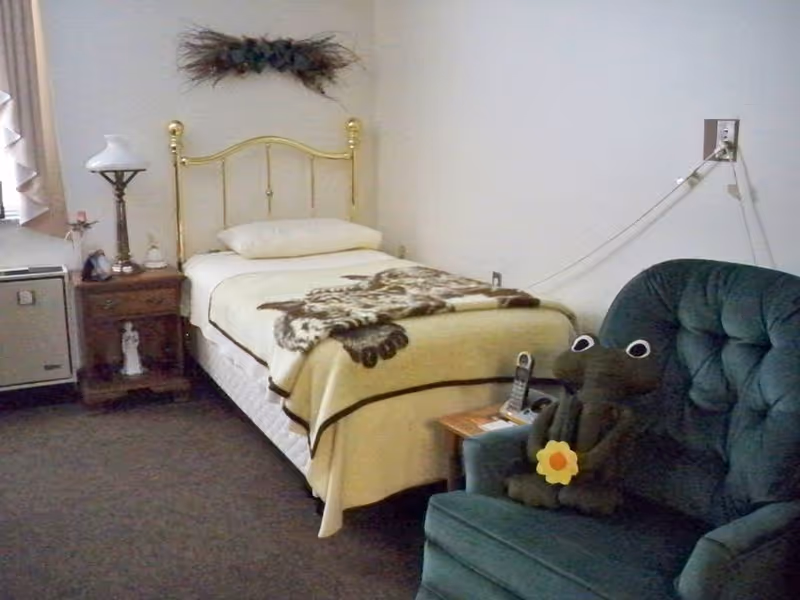 A small bedroom with a single bed featuring a brass headboard, a beige blanket with a patterned throw, and a pillow. Next to the bed is a wooden nightstand with a lamp, a small figurine, and a few items. To the right of the bed is a green upholstered armchair with a stuffed frog toy holding a yellow flower. The room has beige walls and a window with curtains partially visible on the left side.