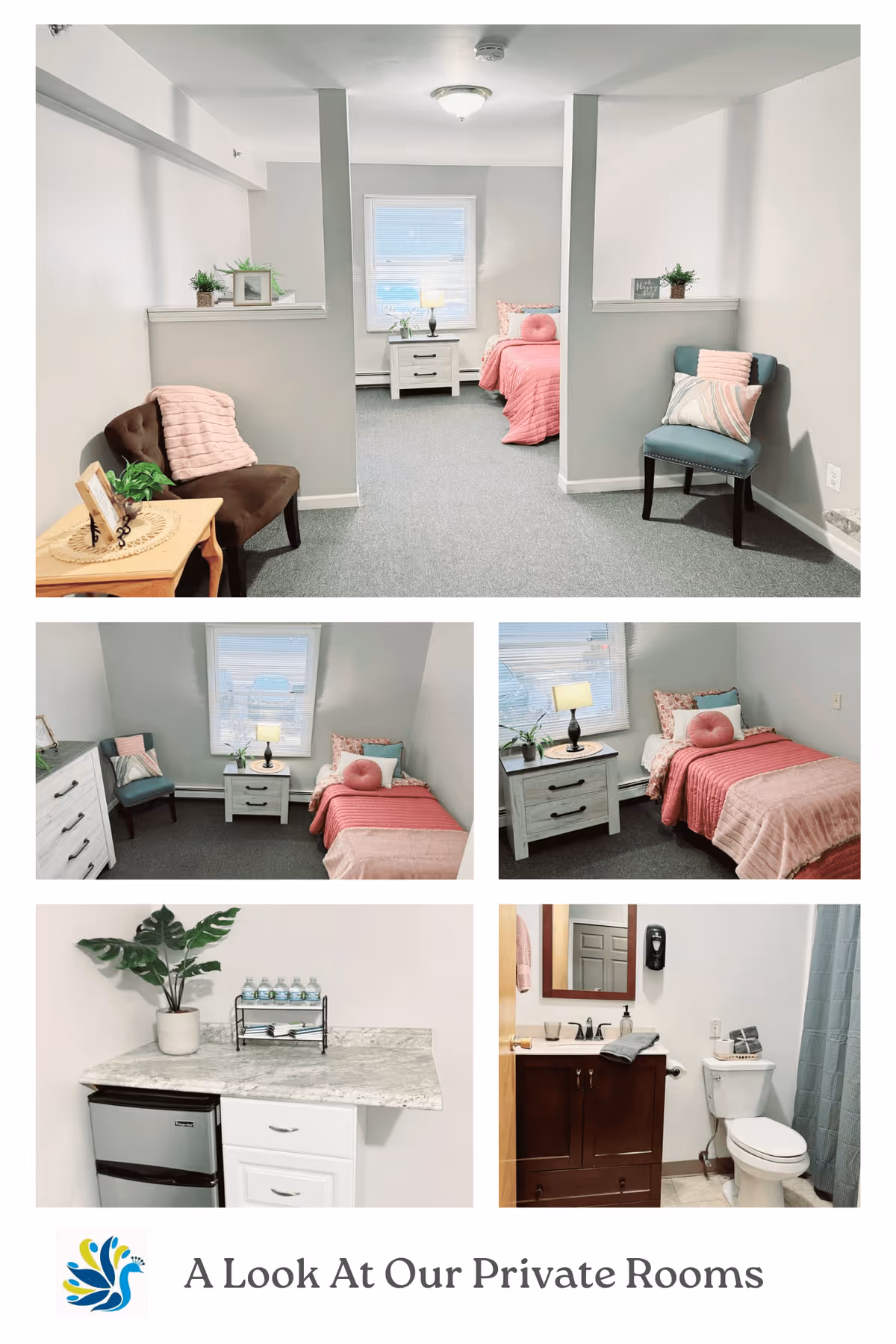 Collage of images showing a private room in a senior living facility with a bed covered in pink bedding, a nightstand with a lamp, a chair with pillows, a small kitchenette area with a mini fridge and countertop, and a bathroom with a toilet, sink, and shower curtain.