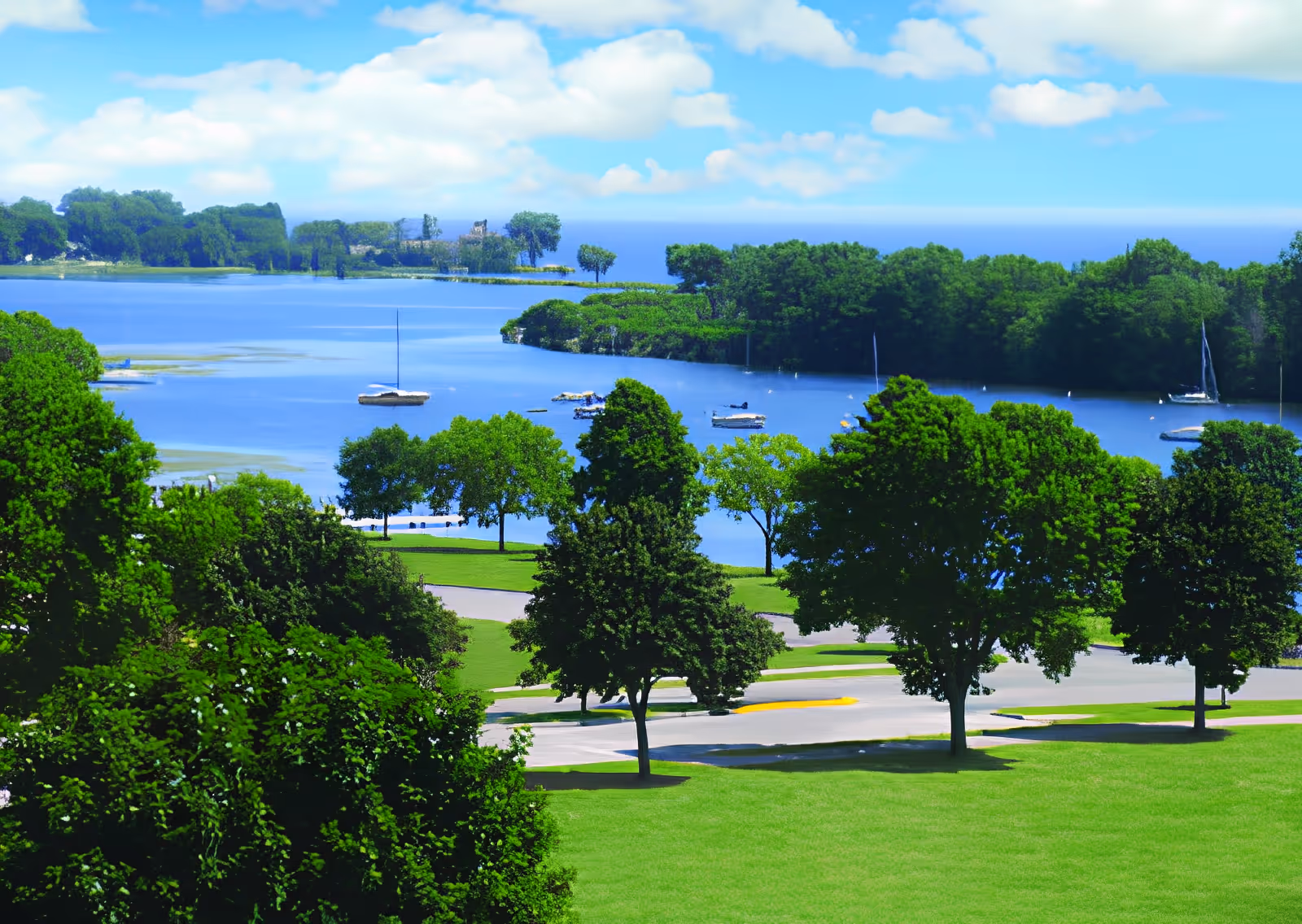 Park-like green lawn and trees overlooking a calm lake with sailboats and wooded islands under a blue sky.