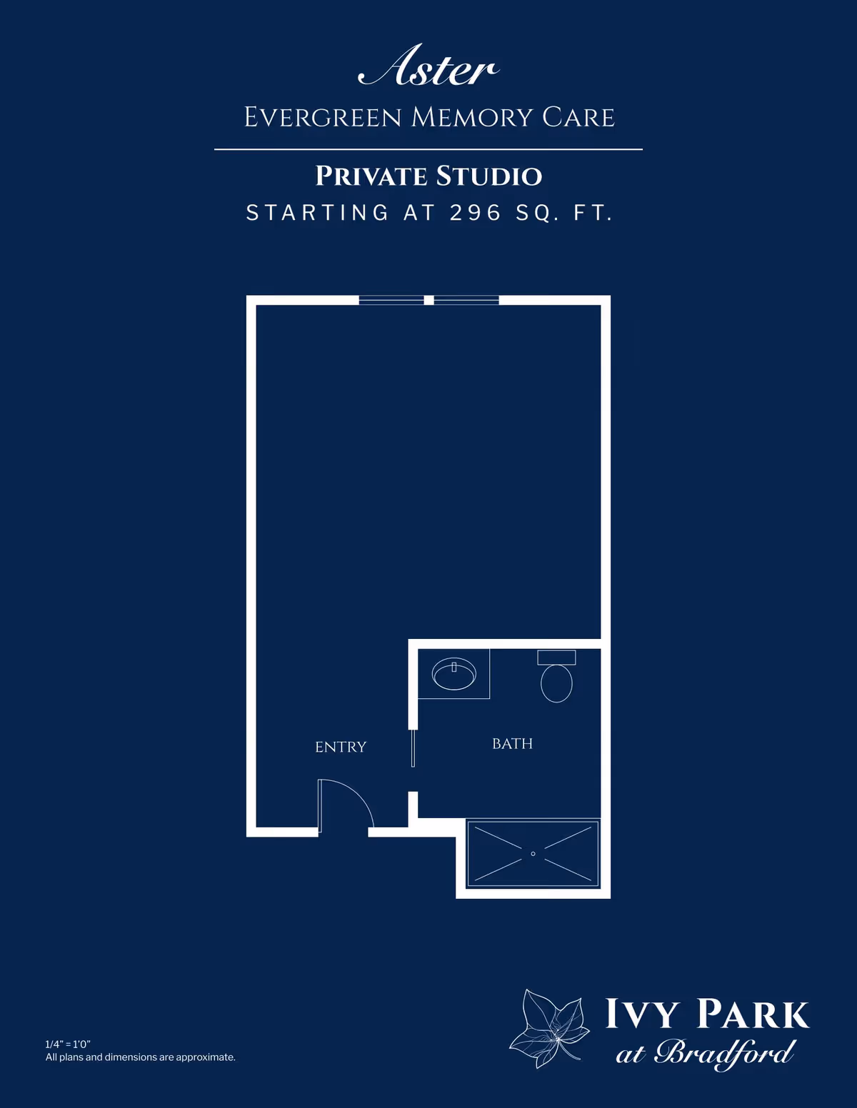 Floor plan of a private studio apartment named Aster at Ivy Park at Bradford, showing an entry area, a bathroom with a sink, toilet, and shower, and an open main living space. The studio starts at 296 square feet.