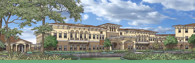 Illustration of a large senior living facility building with multiple stories, arched windows, and a covered entrance. The building is surrounded by landscaped greenery, trees, and a pond under a partly cloudy sky.