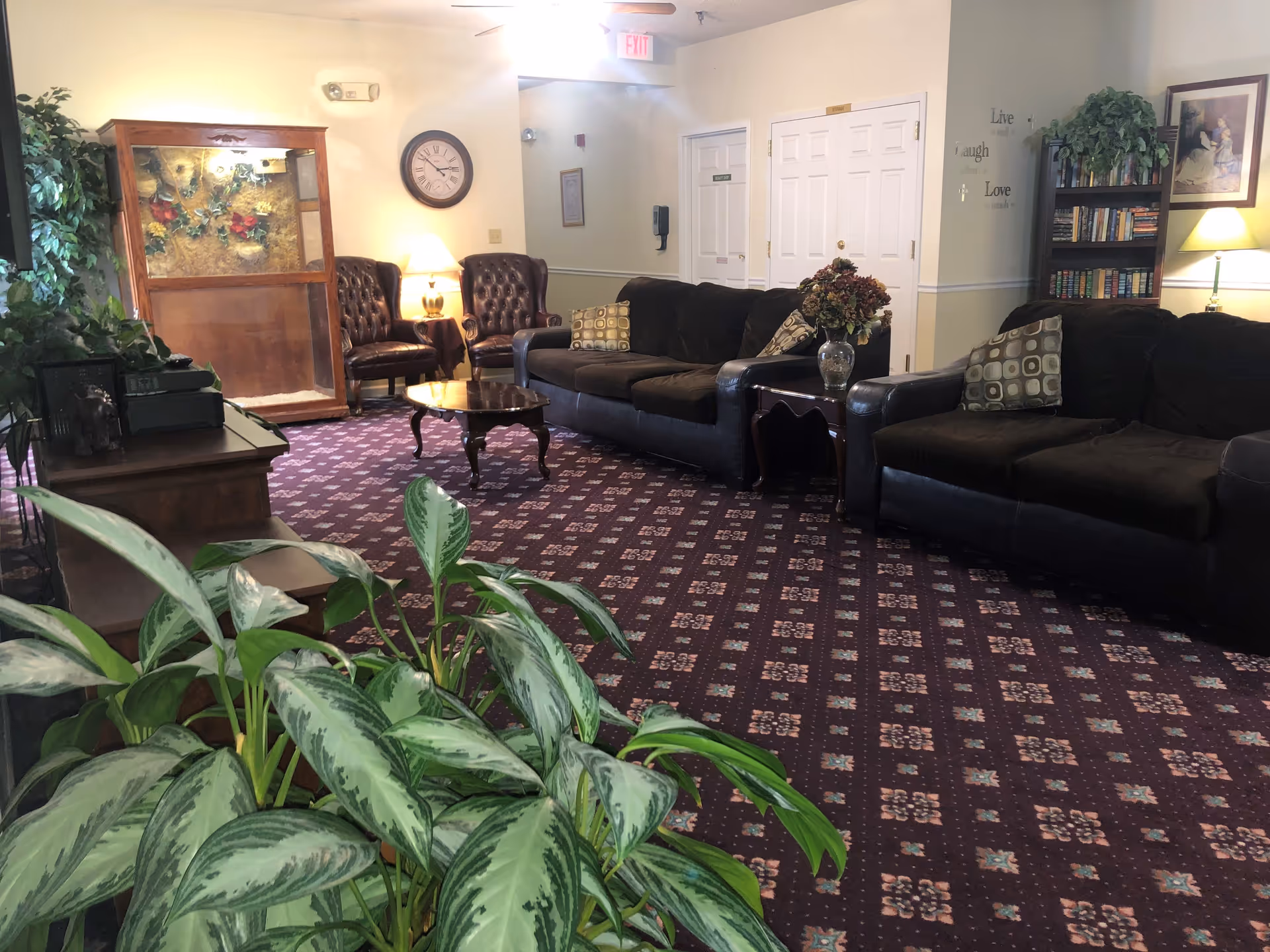 A cozy living room area with two dark brown leather sofas, two brown leather armchairs, a wooden coffee table, and side tables with lamps. There is a patterned carpet, a large leafy green plant in the foreground, a wooden bookshelf filled with books, and framed artwork on the walls. The room has a warm and inviting atmosphere with soft lighting.