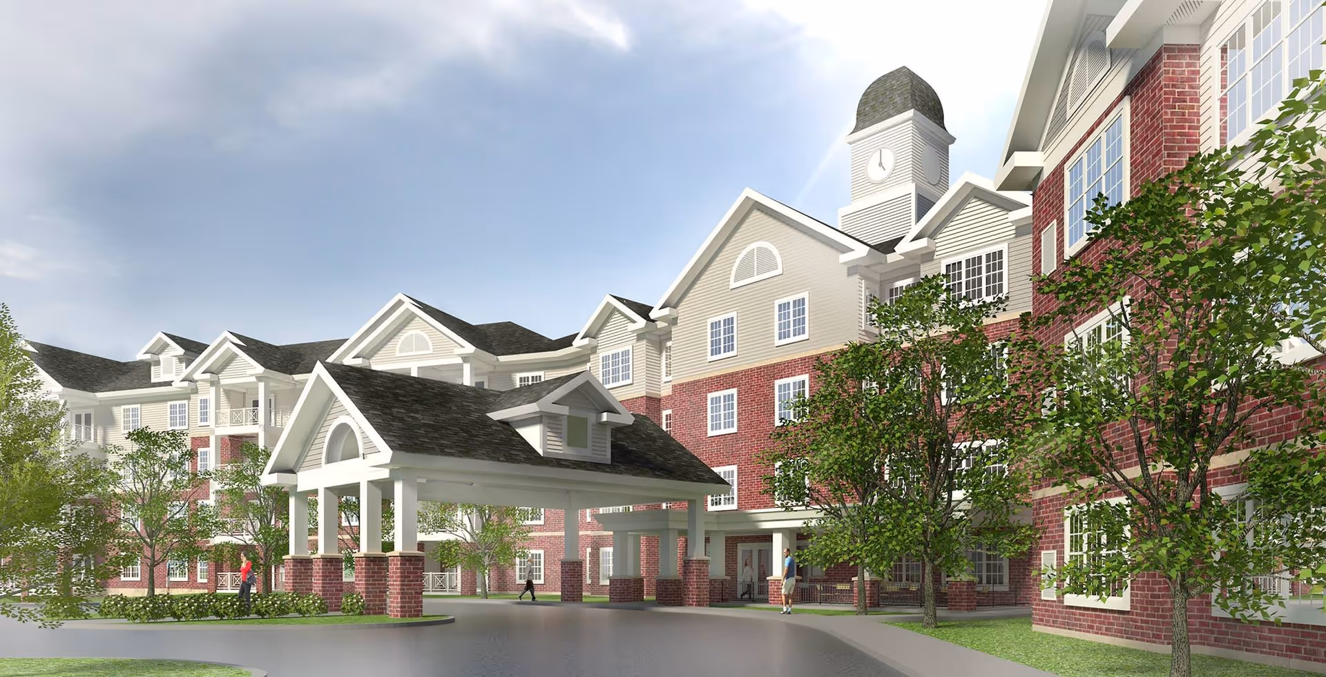Exterior view of a large senior living facility named Inniswood Village featuring a covered entrance with white columns and brick bases, multiple windows, a clock tower, and surrounding trees under a partly cloudy sky.