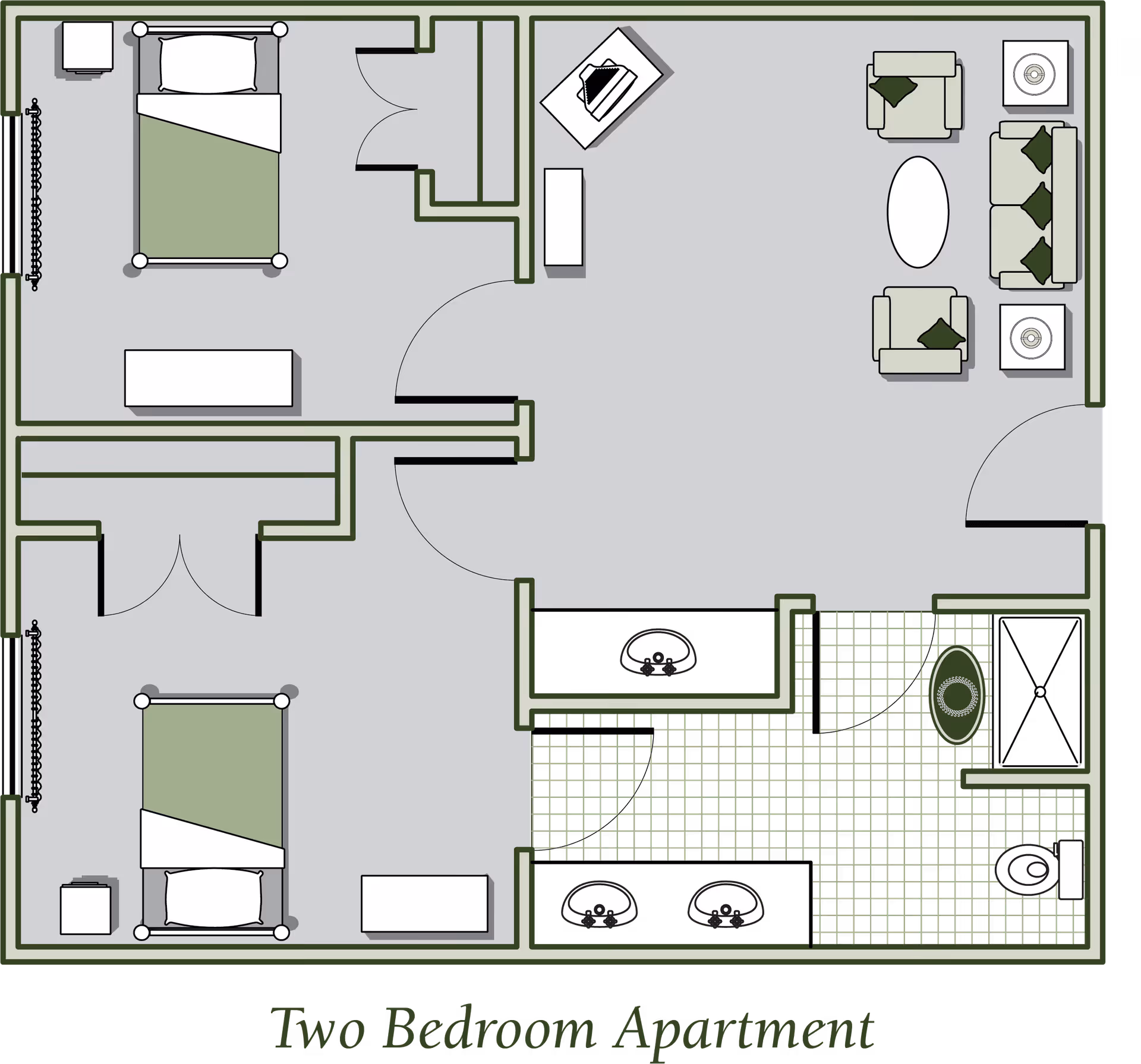 Floor plan of a two-bedroom apartment featuring two bedrooms, a living room with seating and tables, and a bathroom with two sinks, a toilet, and a shower.