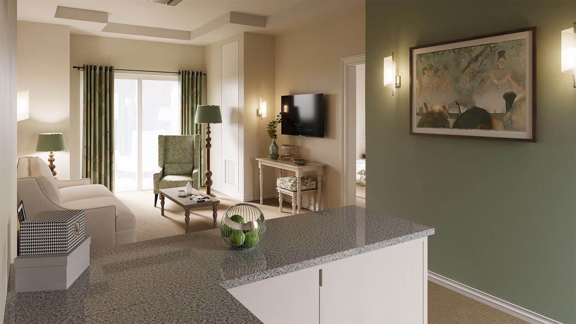 A cozy living room area with a beige sofa, a green patterned armchair, a wooden coffee table, and a TV mounted on the wall. The room features green curtains on a sliding glass door, a granite countertop in the foreground, and a framed painting on a green accent wall. Soft lighting is provided by wall sconces and table lamps.