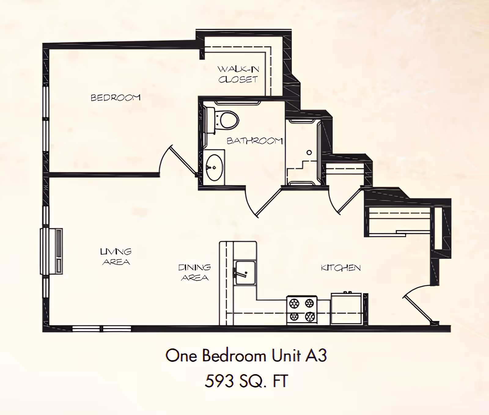 Architectural floor plan of a one-bedroom unit labeled A3 with 593 square feet, showing a bedroom, walk-in closet, bathroom, living area, dining area, and kitchen.