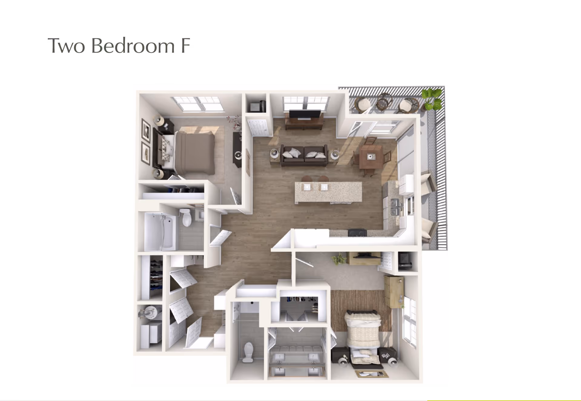 Top-down 3D floor plan of a two-bedroom apartment showing a living area with kitchen island, two bedrooms, bathrooms, and a balcony.