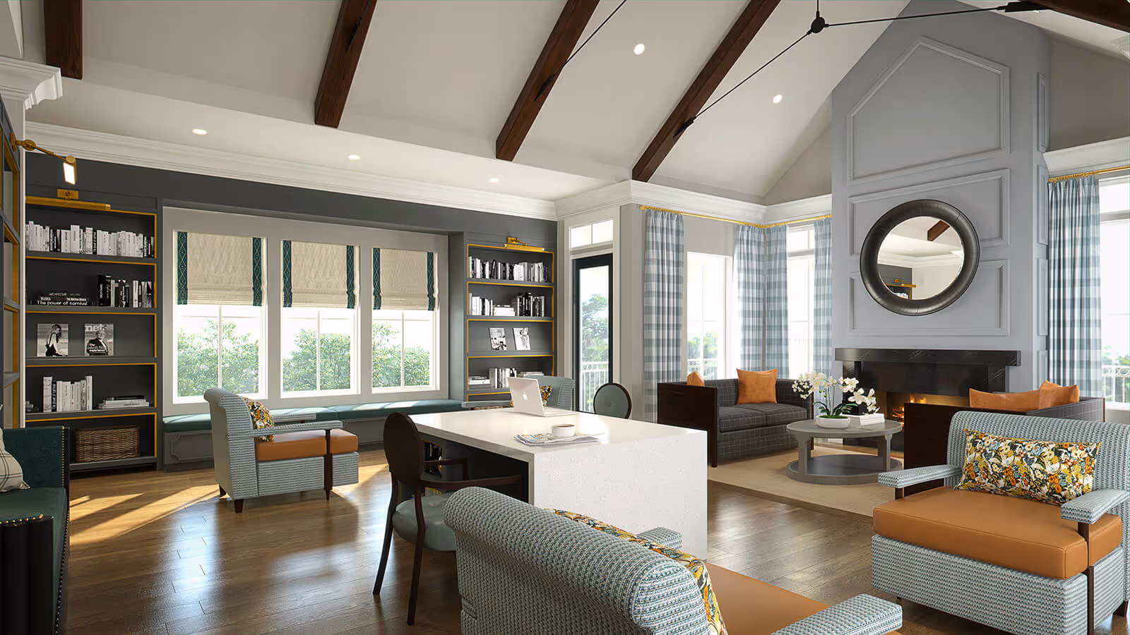 Bright common lounge with a vaulted ceiling and exposed beams, seating groups, a fireplace, bookshelves, and large windows.