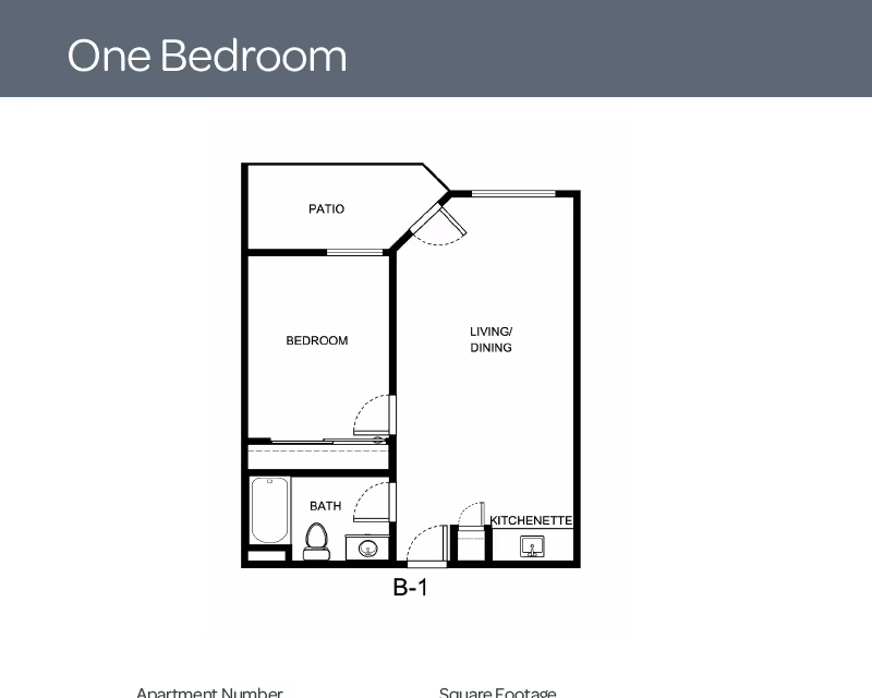 Floor plan of a one-bedroom apartment at Greeley Place showing a patio, bedroom, bathroom, living/dining area, and kitchenette.
