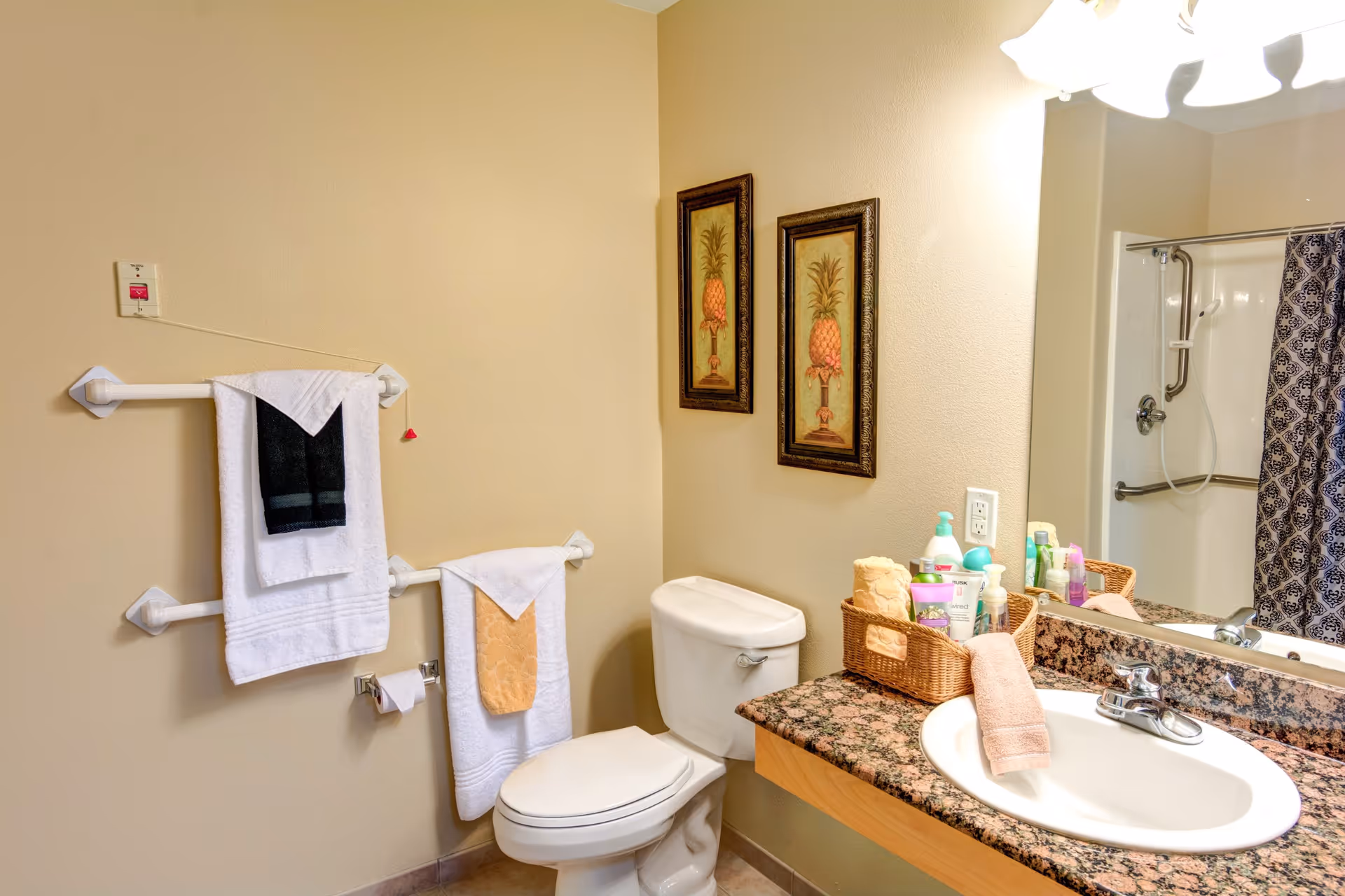 A clean and well-lit bathroom featuring a white toilet, a granite countertop with a white sink, and a wicker basket holding various toiletries. Two framed pineapple-themed pictures hang on the wall above the toilet. There are multiple towels hanging on white towel racks, and a shower with a patterned curtain and grab bars is visible in the mirror reflection.