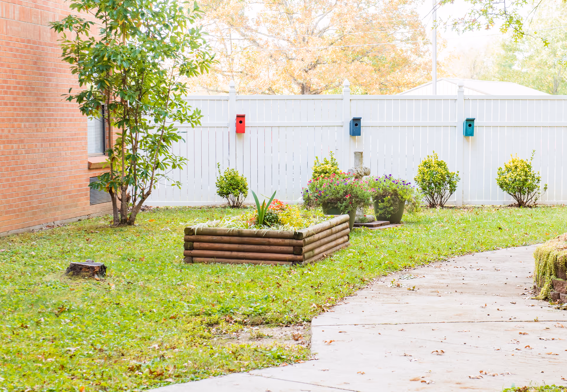 Outdoor garden area with a small raised wooden planter filled with plants and flowers, a concrete pathway curving along the right side, a white fence in the background with three colorful birdhouses attached, and some bushes and a tree near a brick building on the left.