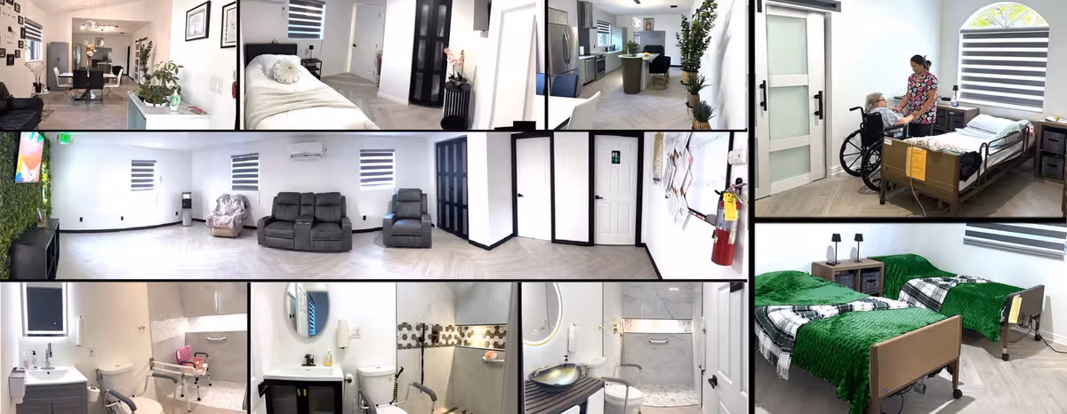 Collage of interior images from a senior living facility showing various rooms including a living room with recliners, bedrooms with single and twin beds, a kitchen with modern appliances, and multiple bathrooms with accessibility features. One image shows a caregiver assisting a resident in a wheelchair in a bedroom.