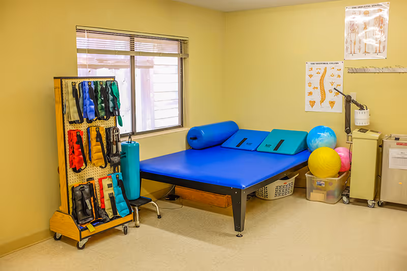 A physical therapy room with a blue treatment table, exercise balls, and shelves of therapeutic straps and equipment.