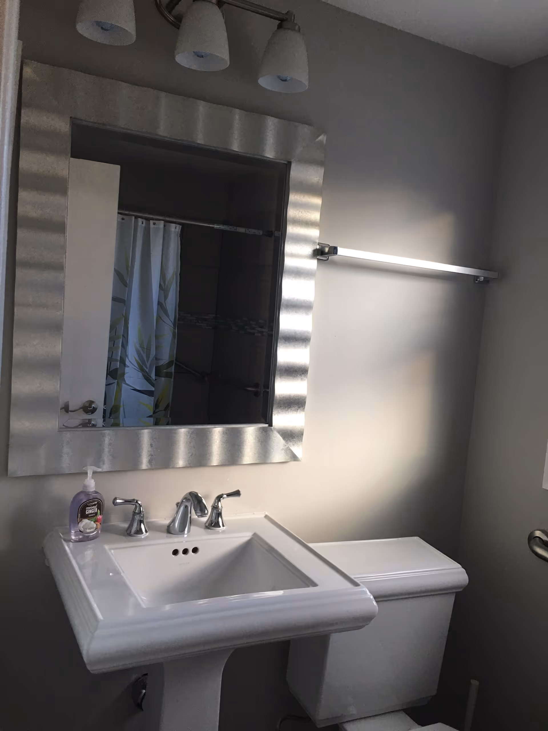 A bathroom with a white pedestal sink, a silver-framed mirror above it, a soap dispenser on the sink, a towel rack on the wall, and a toilet next to the sink. A shower curtain with a leaf pattern is visible in the mirror's reflection.