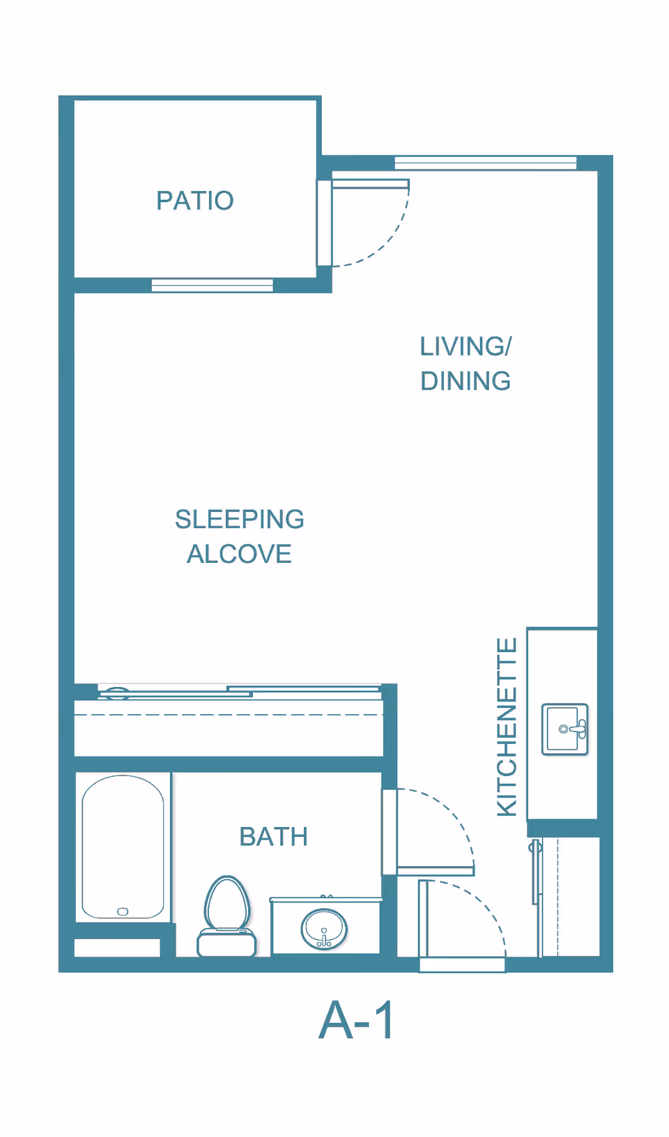 Floor plan of a senior living studio apartment labeled A-1, featuring a patio, living/dining area, sleeping alcove, kitchenette, and a bathroom with a bathtub, toilet, and sink.