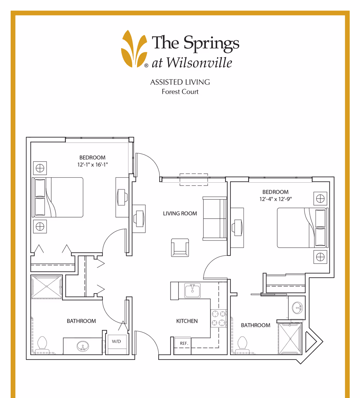 Black-and-white floor plan of a two-bedroom assisted living apartment labeled "The Springs at Wilsonville" showing a living room, kitchen, two bedrooms, and two bathrooms.