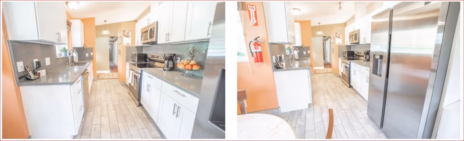 Two side-by-side images showing a bright, modern kitchen with white cabinets, gray countertops, stainless steel appliances including a refrigerator, stove, microwave, and coffee maker. The kitchen has light wood flooring, an orange accent wall, a fire extinguisher mounted on the wall, and a small round table with chairs partially visible.