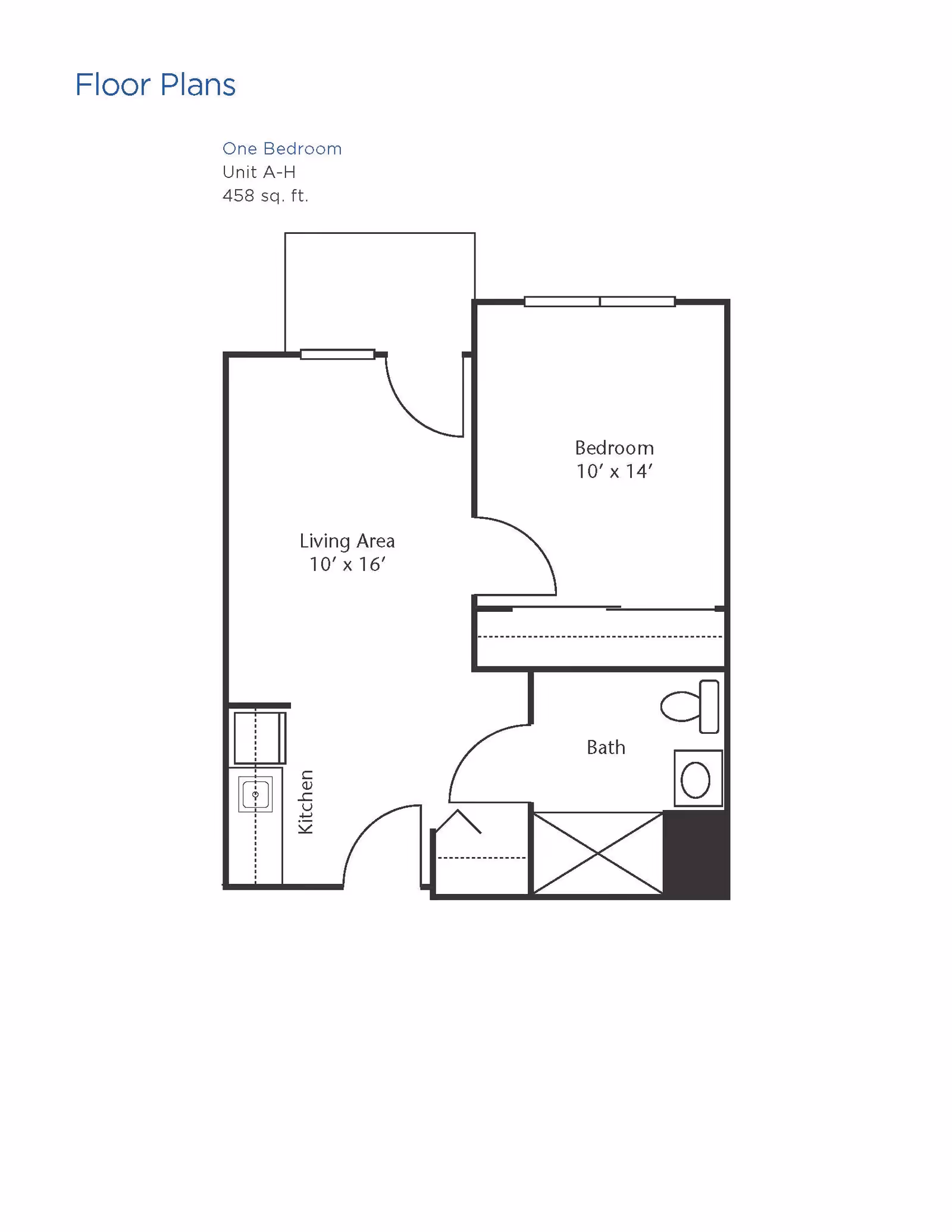 Floor plan of a one-bedroom unit labeled Unit A-H with 458 square feet. The layout includes a living area measuring 10 by 16 feet, a bedroom measuring 10 by 14 feet, a kitchen area, and a bathroom with a toilet and sink.