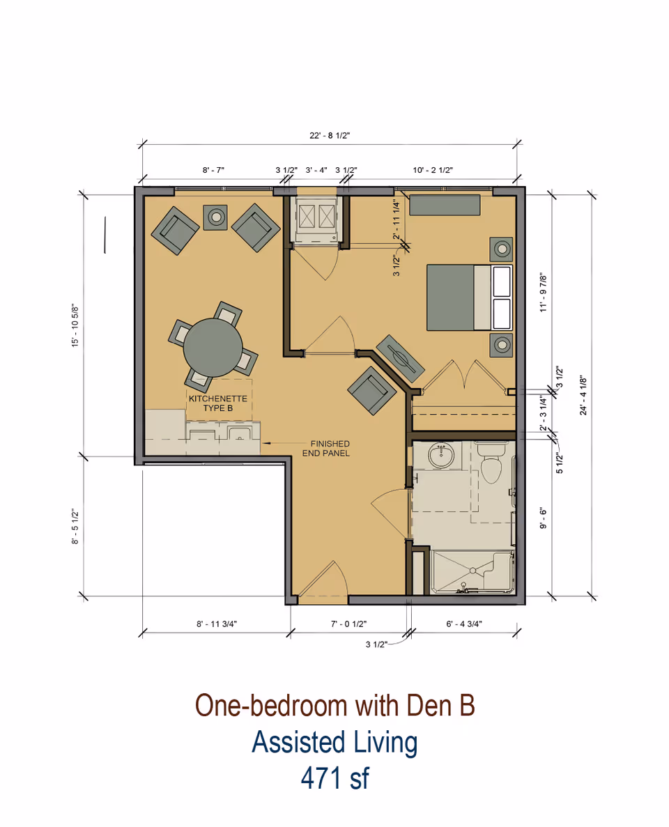 Floor plan of a one-bedroom assisted living apartment with a den, kitchenette, living area, bedroom, and bathroom. The layout includes dimensions and furniture placement, showing a round dining table with four chairs, two armchairs, a bed with nightstands, a sofa, and a bathroom with a shower, sink, and toilet.
