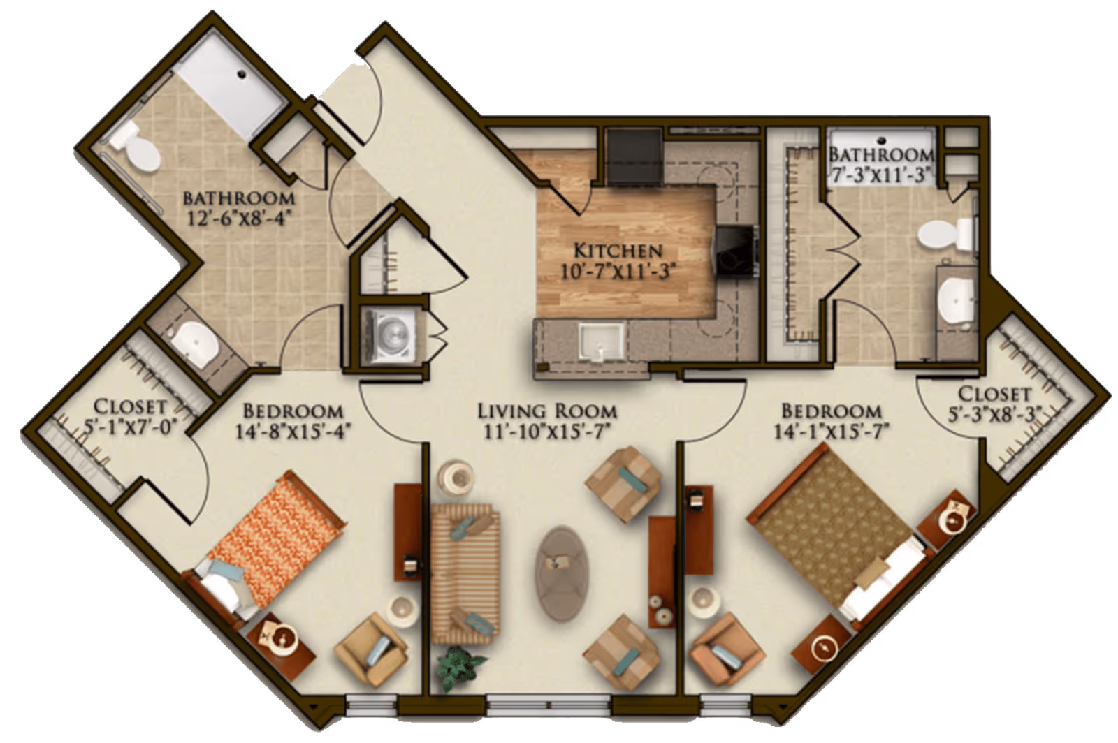 Floor plan of a senior living apartment at Harmony at Chantilly showing two bedrooms, two bathrooms, a kitchen, a living room, and closets. The left bedroom has a bed, nightstand, chair, and closet, with an adjacent bathroom. The right bedroom also has a bed, nightstand, chair, closet, and an adjacent bathroom. The kitchen is centrally located with counters and appliances. The living room has a sofa, two chairs, a coffee table, and side tables.