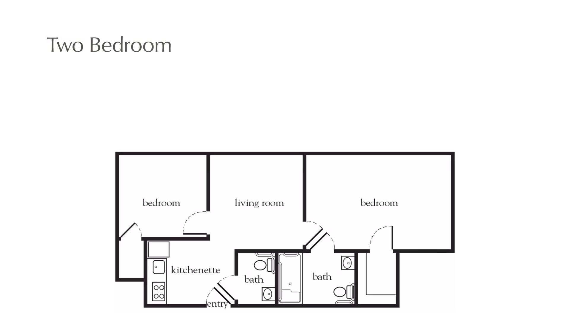 Floor plan of a two-bedroom apartment showing two bedrooms, a living room, a kitchenette, two bathrooms, and an entry area.