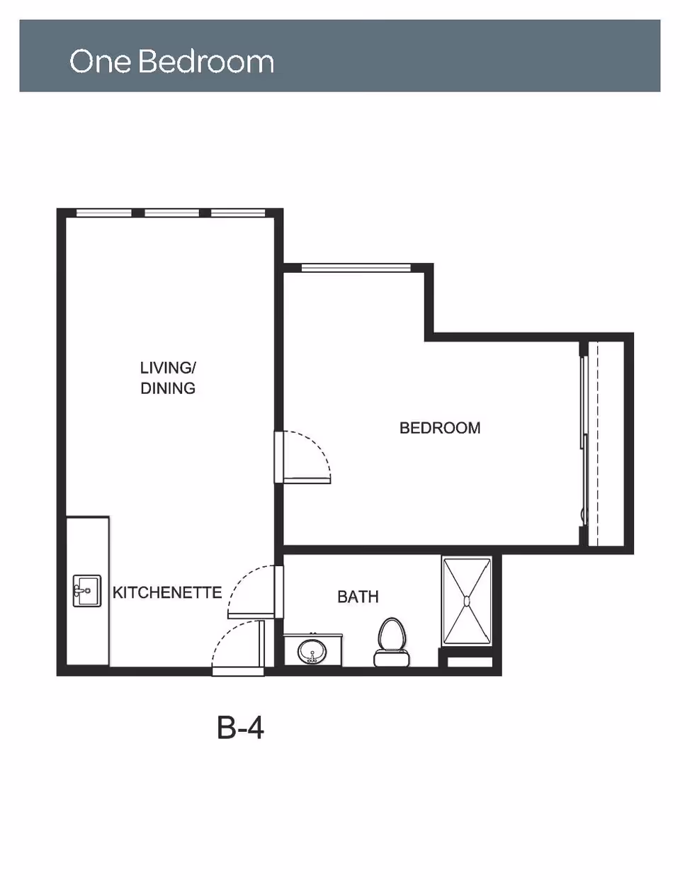 Floor plan labeled One Bedroom showing a layout with a living/dining area, kitchenette, bedroom, and bathroom.