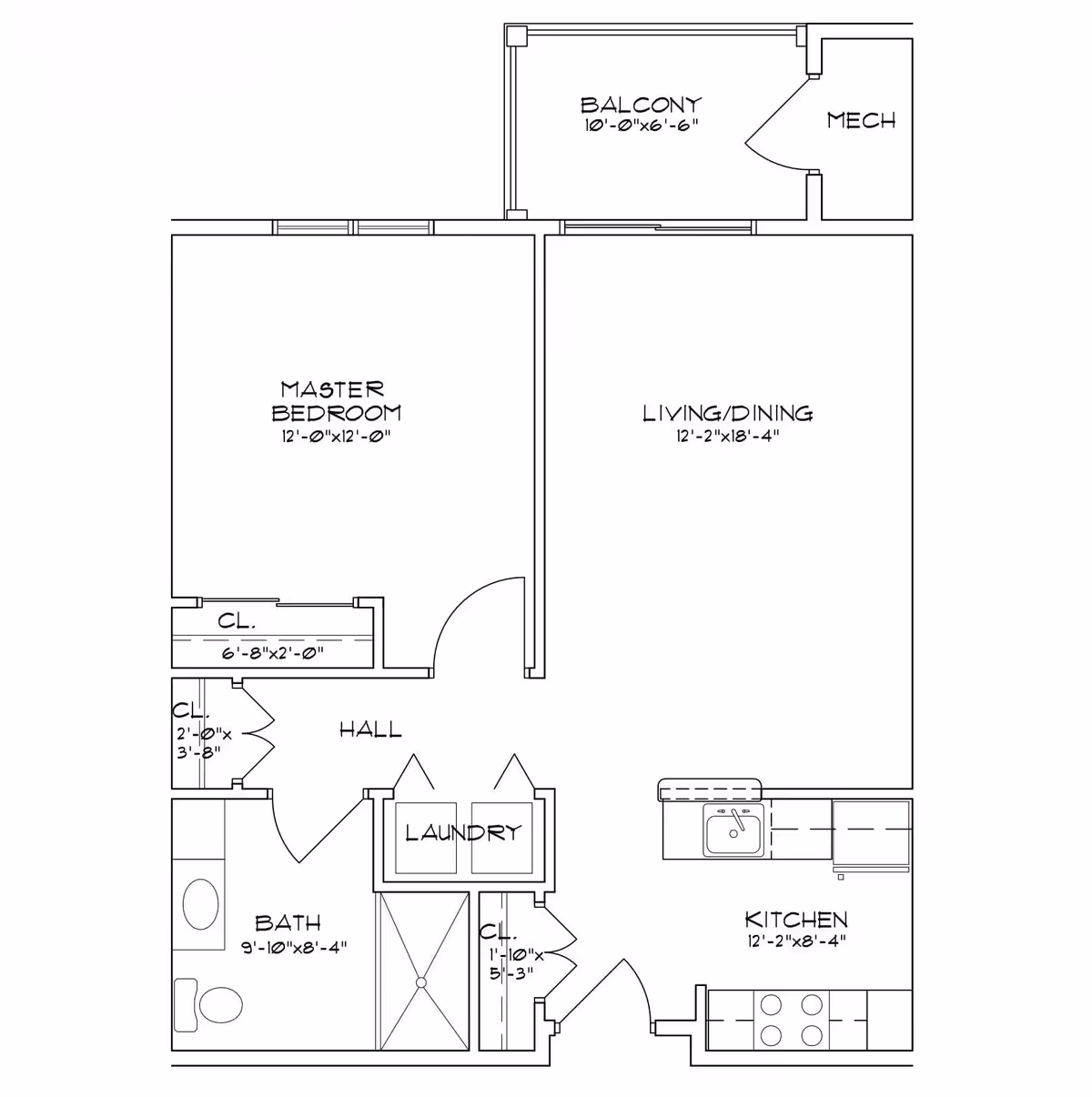 Architectural floor plan of a one-bedroom apartment at Summit at Saratoga, showing a master bedroom, bathroom, kitchen, living/dining area, laundry, closets, balcony, and mechanical room with dimensions.