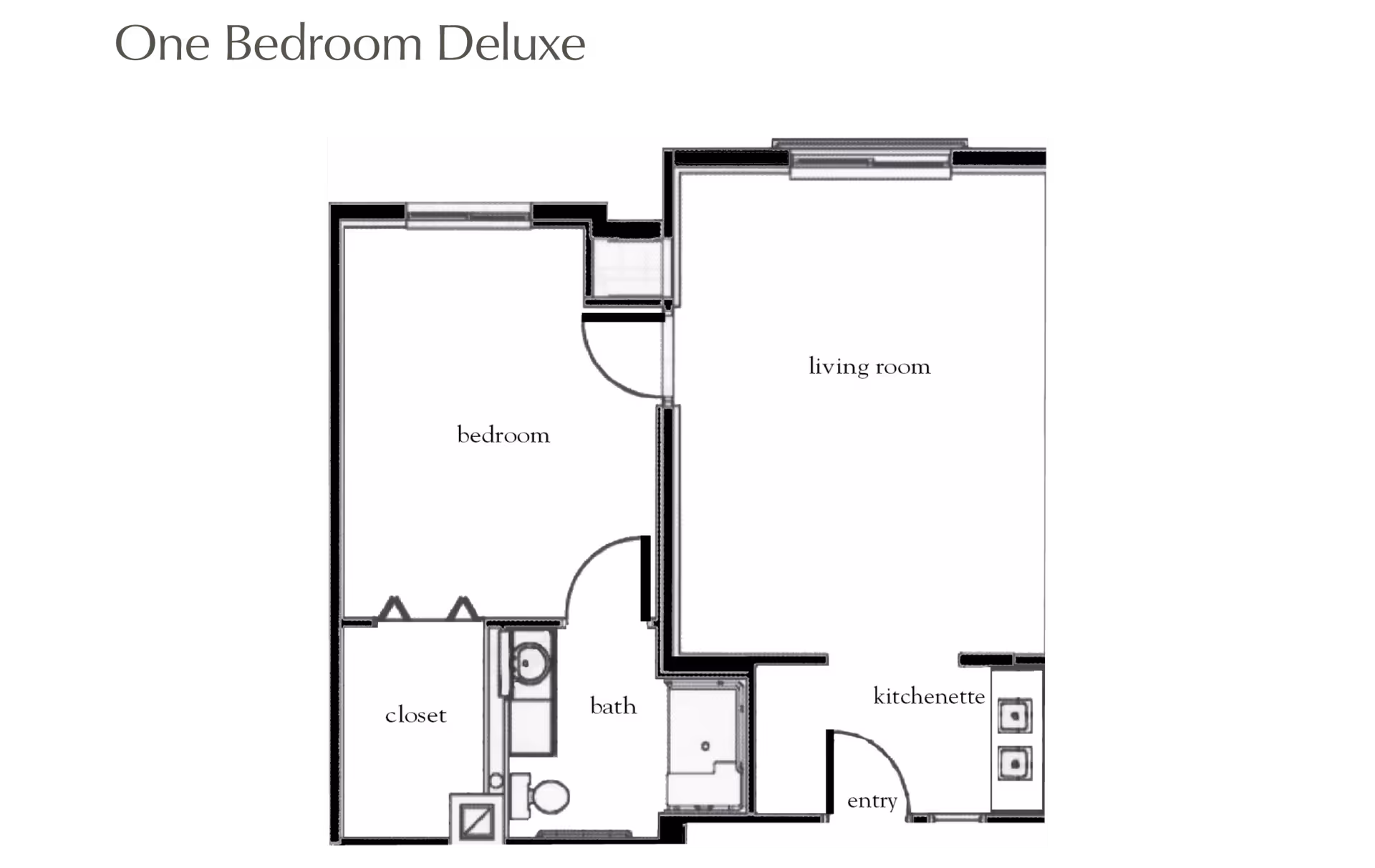 Floor plan layout of a one bedroom deluxe apartment showing a bedroom, closet, bathroom, living room, kitchenette, and entry area.