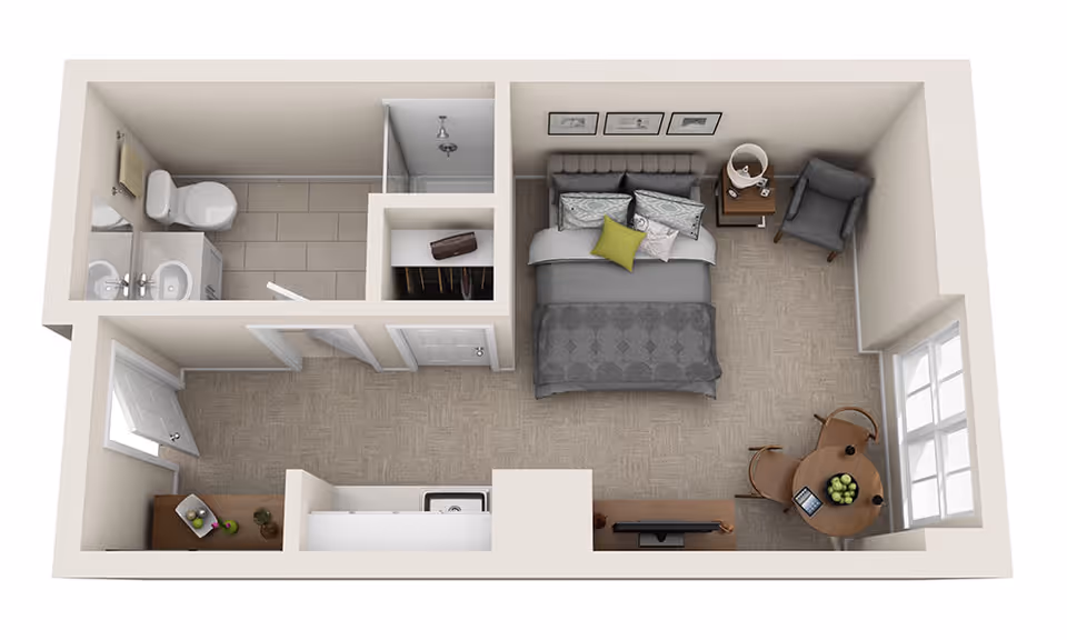 3D floor plan of a senior living studio apartment at Maplewood at Darien, featuring a bedroom area with a bed, nightstand, and armchair, a small dining area with a round table and two chairs near windows, a kitchenette with a sink and counter, a bathroom with a toilet, sink, and shower, and a closet space.