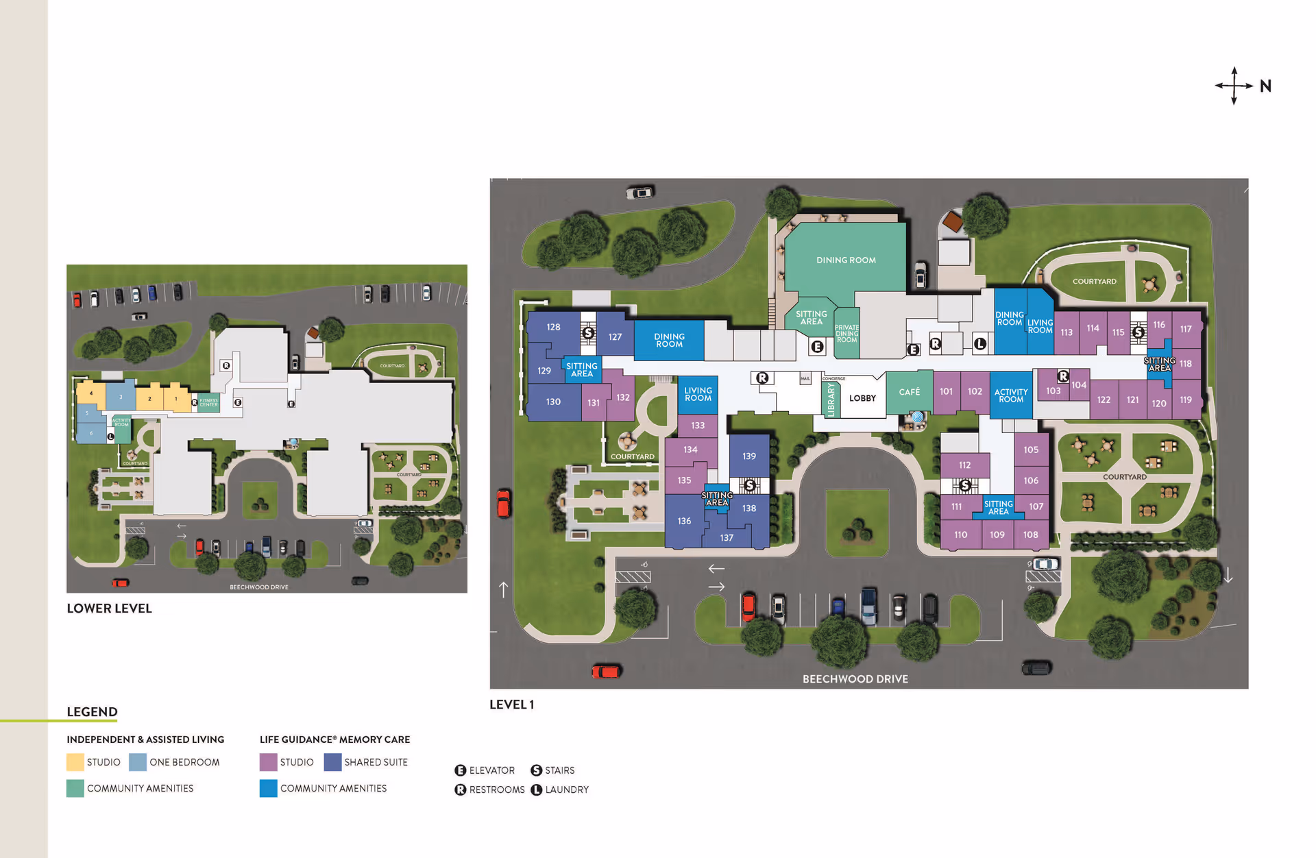 Floor plan of Atria Crossroads Place senior living facility showing the lower level and level 1 layouts with labeled rooms including studios, one bedrooms, community amenities, dining rooms, living rooms, sitting areas, activity rooms, lobby, cafe, restrooms, elevators, stairs, and courtyards. The plan includes parking areas and surrounding greenery along Beechwood Drive.