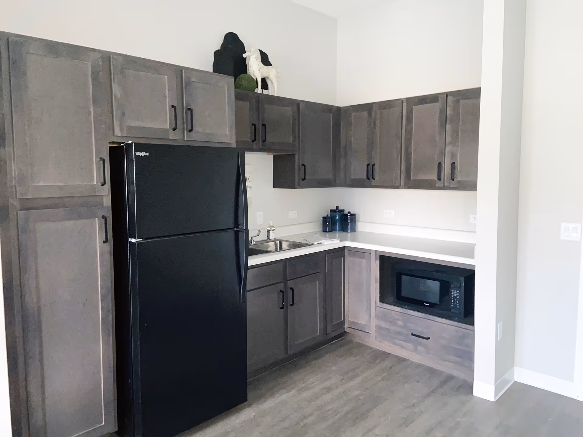 Small kitchenette with dark wood cabinets, a black refrigerator, sink, and a built-in microwave.