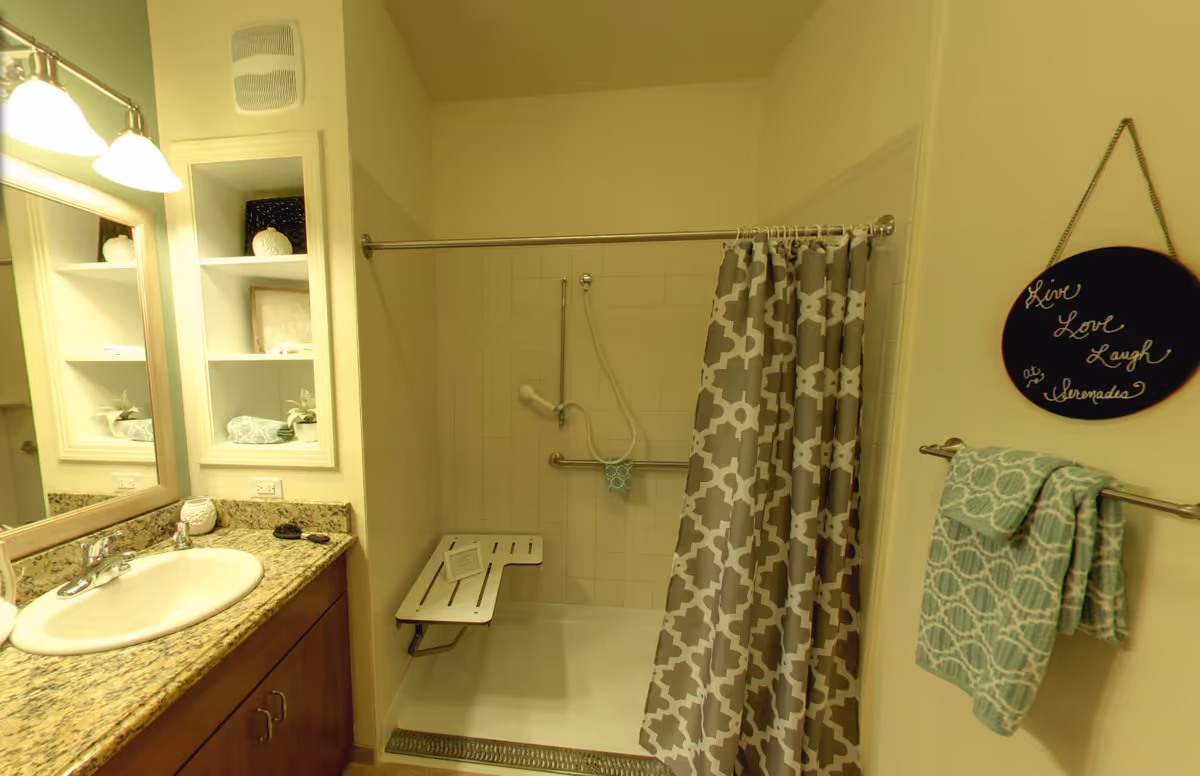 Accessible bathroom with a sink and granite countertop, walk-in shower with grab bars, fold-down shower seat and patterned shower curtain.