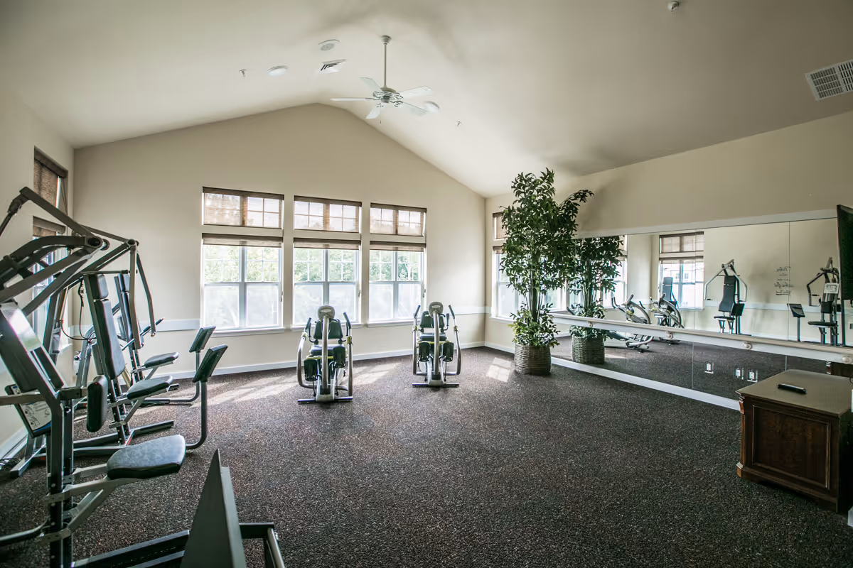 A bright exercise room with large windows, exercise machines including stationary bikes and weight machines, a large mirror on one wall, a ceiling fan, and a potted plant in the corner.