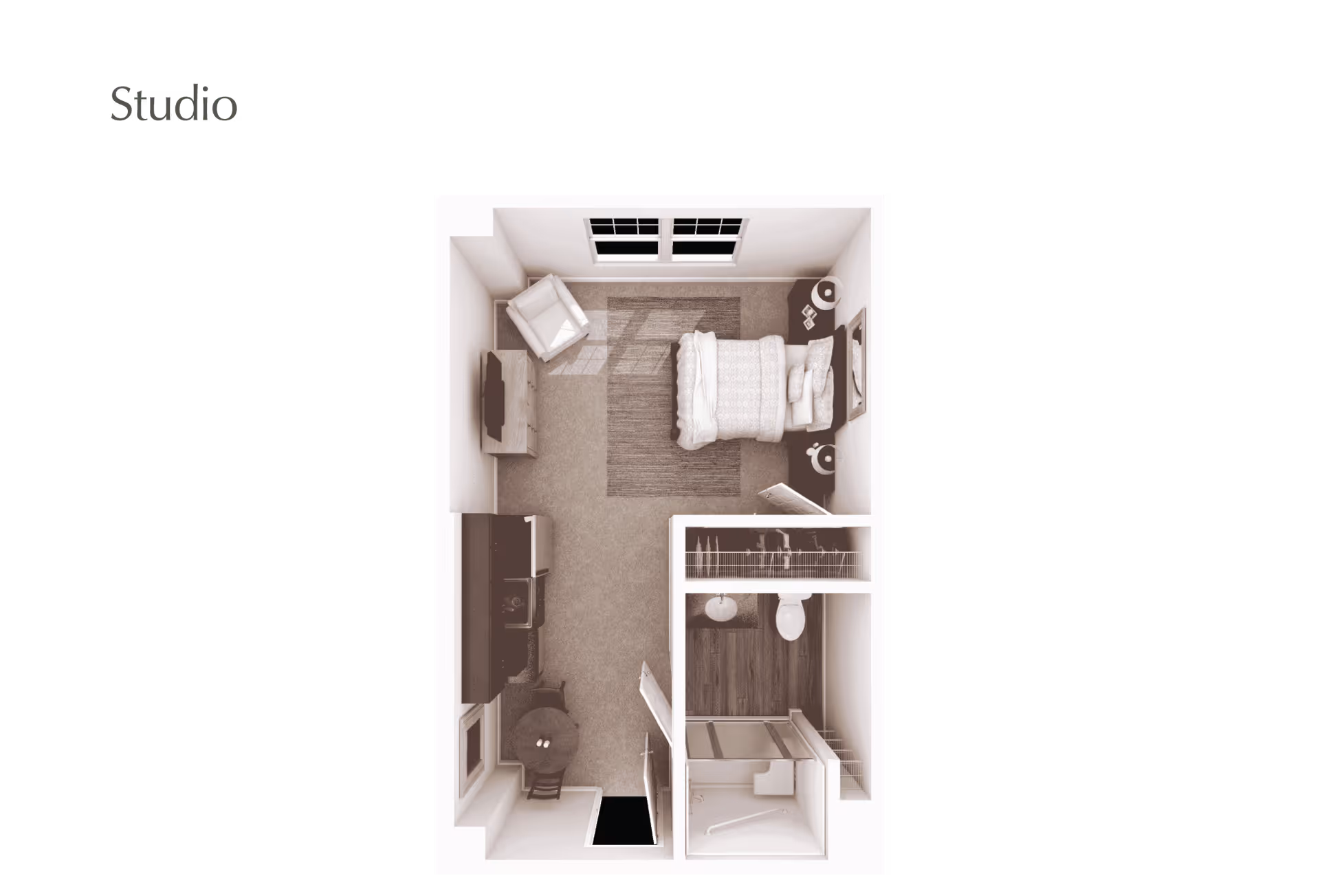 Top-down view of a studio apartment floor plan showing a combined living and sleeping area with a bed, armchair, TV on a stand, and two nightstands. There is a small kitchen area with a round table and two chairs. The bathroom includes a sink, toilet, and shower. A closet is located adjacent to the bathroom.