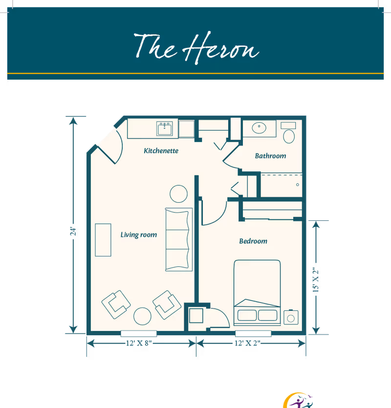 Floor plan of The Heron unit at Heron Cove Assisted Living & Memory Care of Vero Beach showing a kitchenette, living room, bedroom, and bathroom with dimensions.